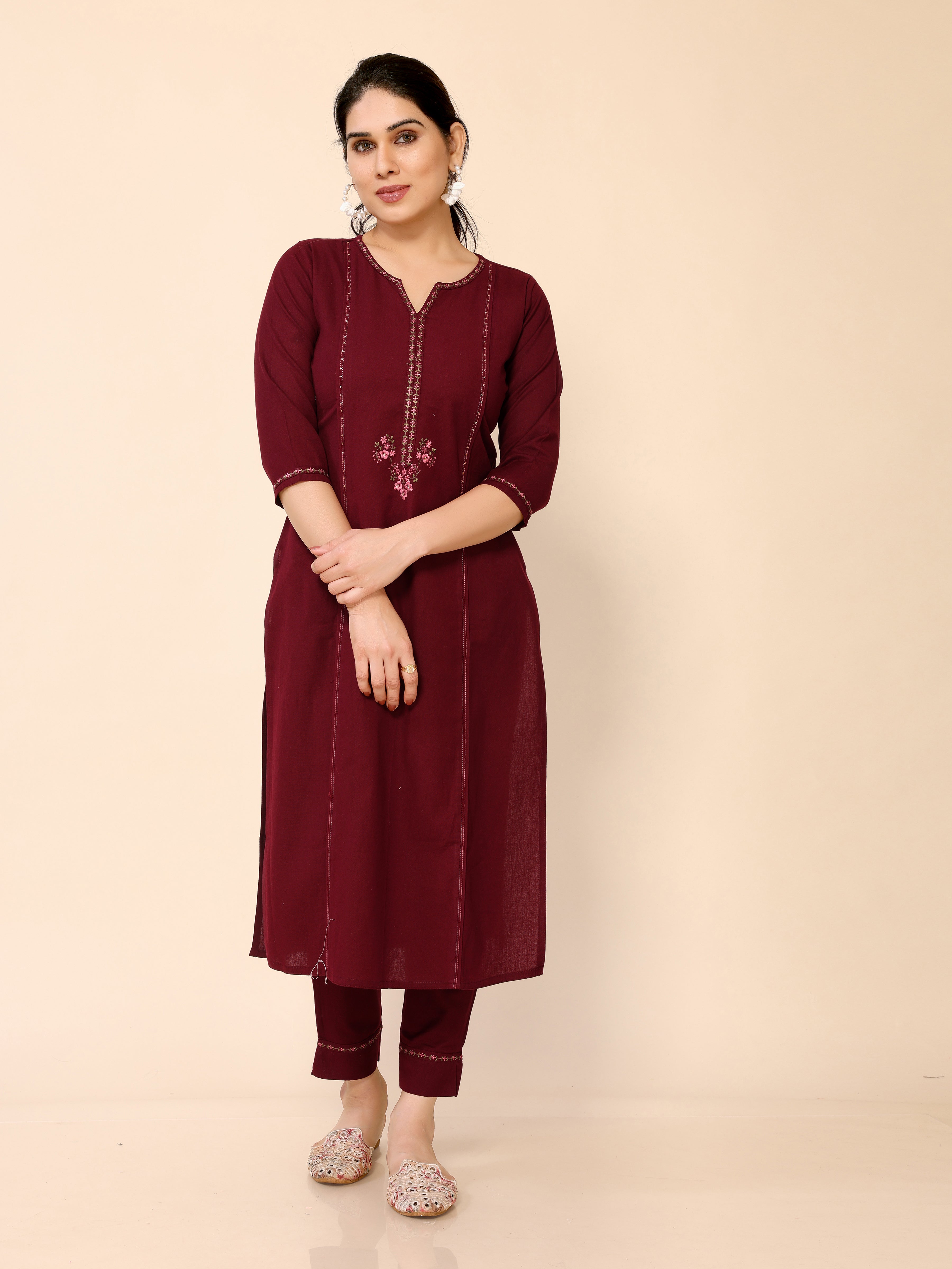 Maroon Floral Embroidery Cotton Kurta with Trouser Pant