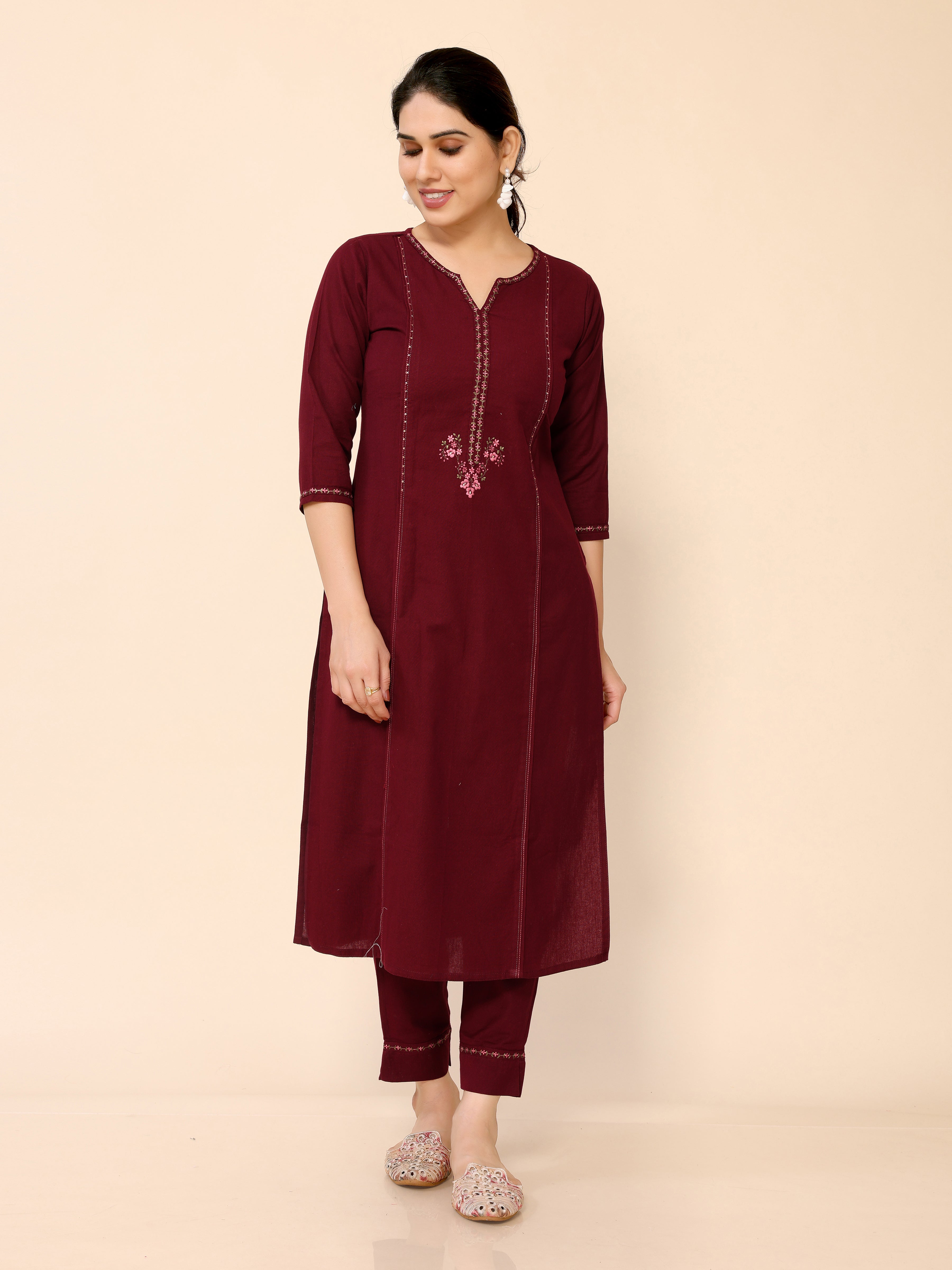 Maroon Floral Embroidery Cotton Kurta with Trouser Pant
