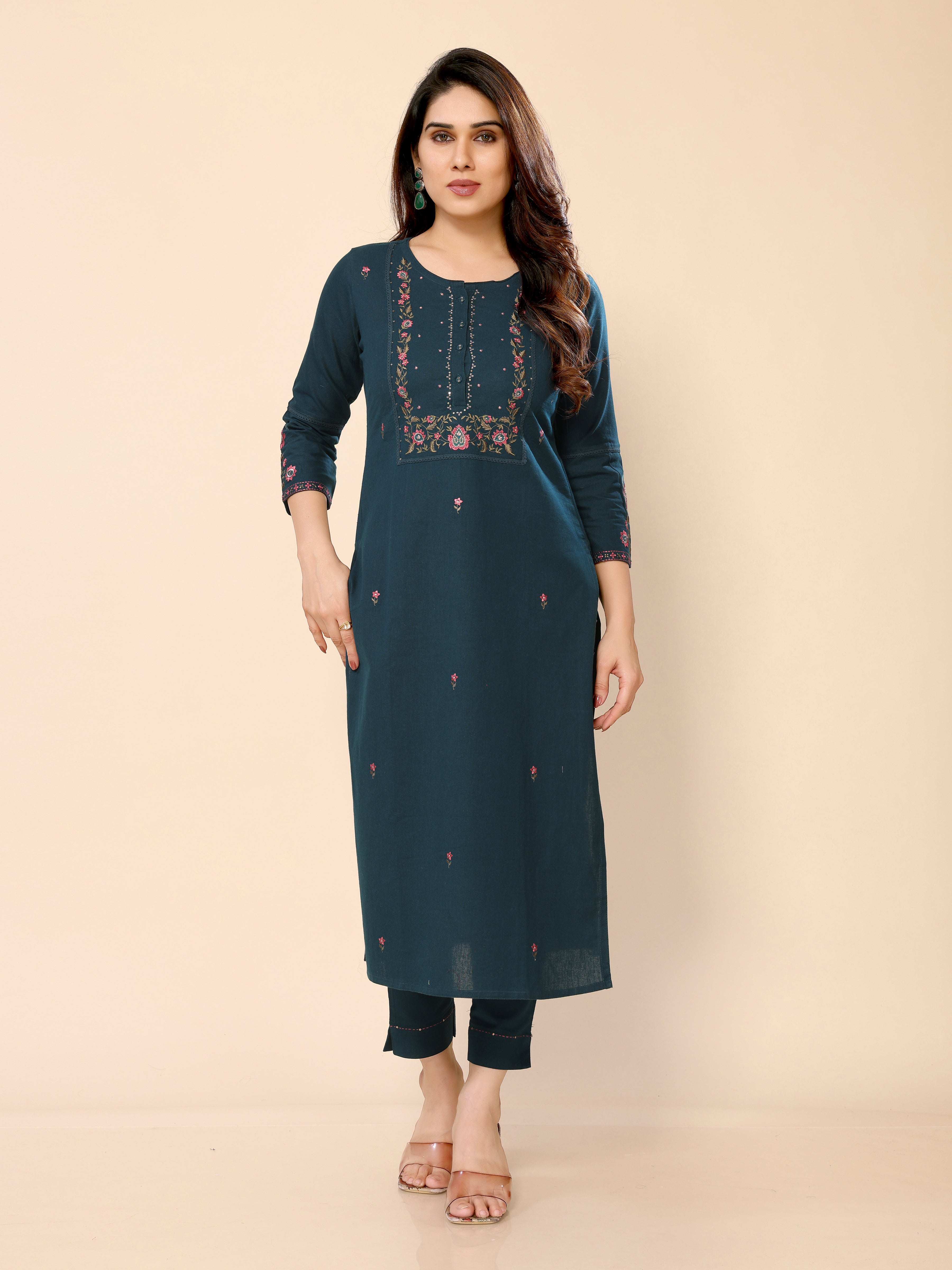 Teal Blue Floral Embroidery Cotton Kurta with Trouser Pant