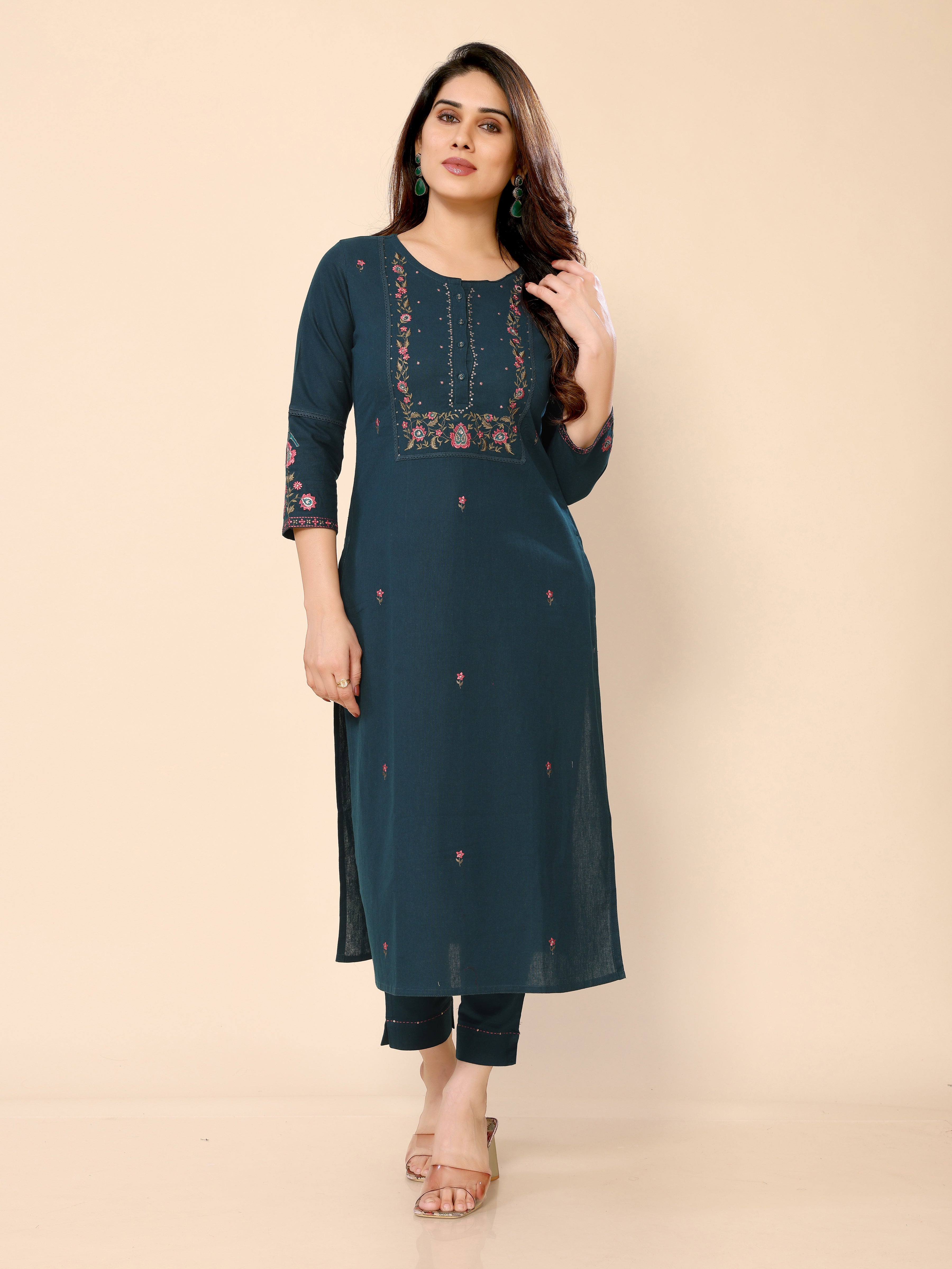 Teal Blue Floral Embroidery Cotton Kurta with Trouser Pant