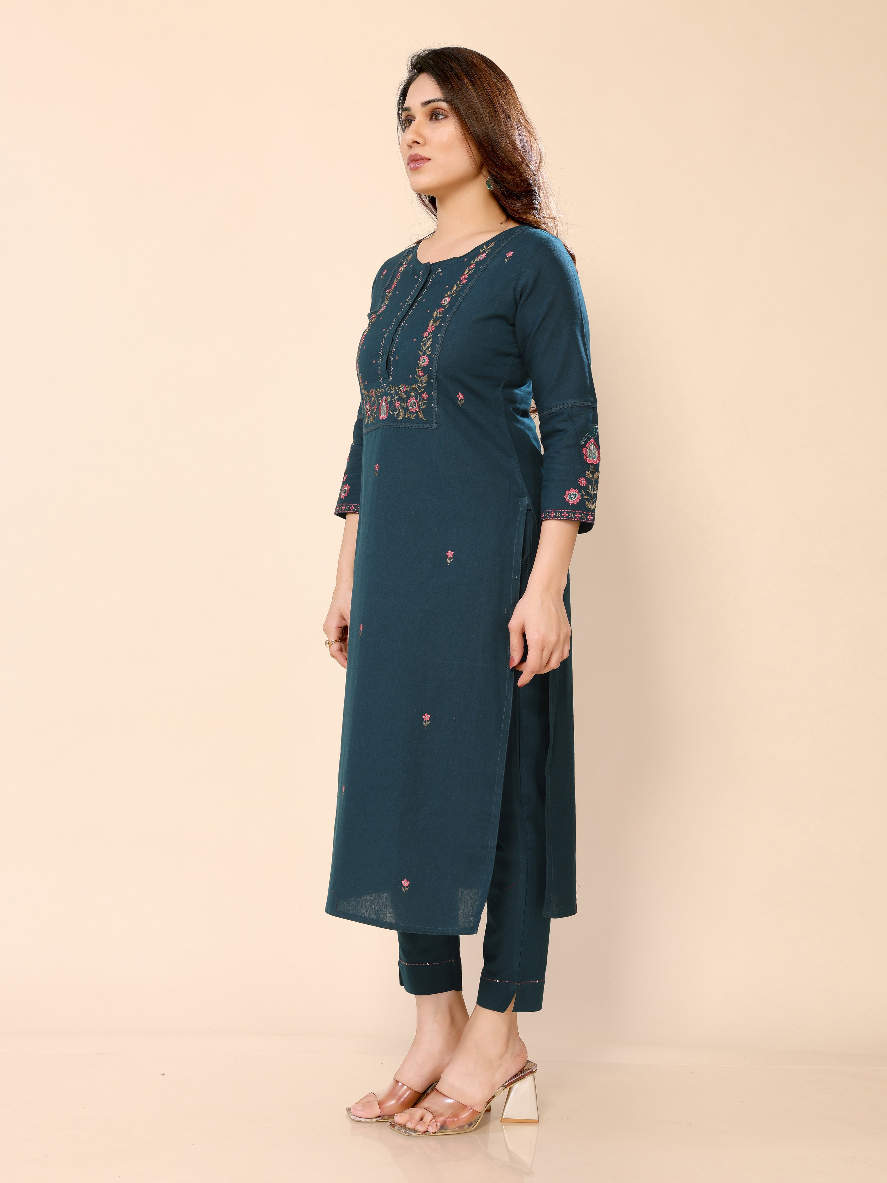 Teal Blue Floral Embroidery Cotton Kurta with Trouser Pant