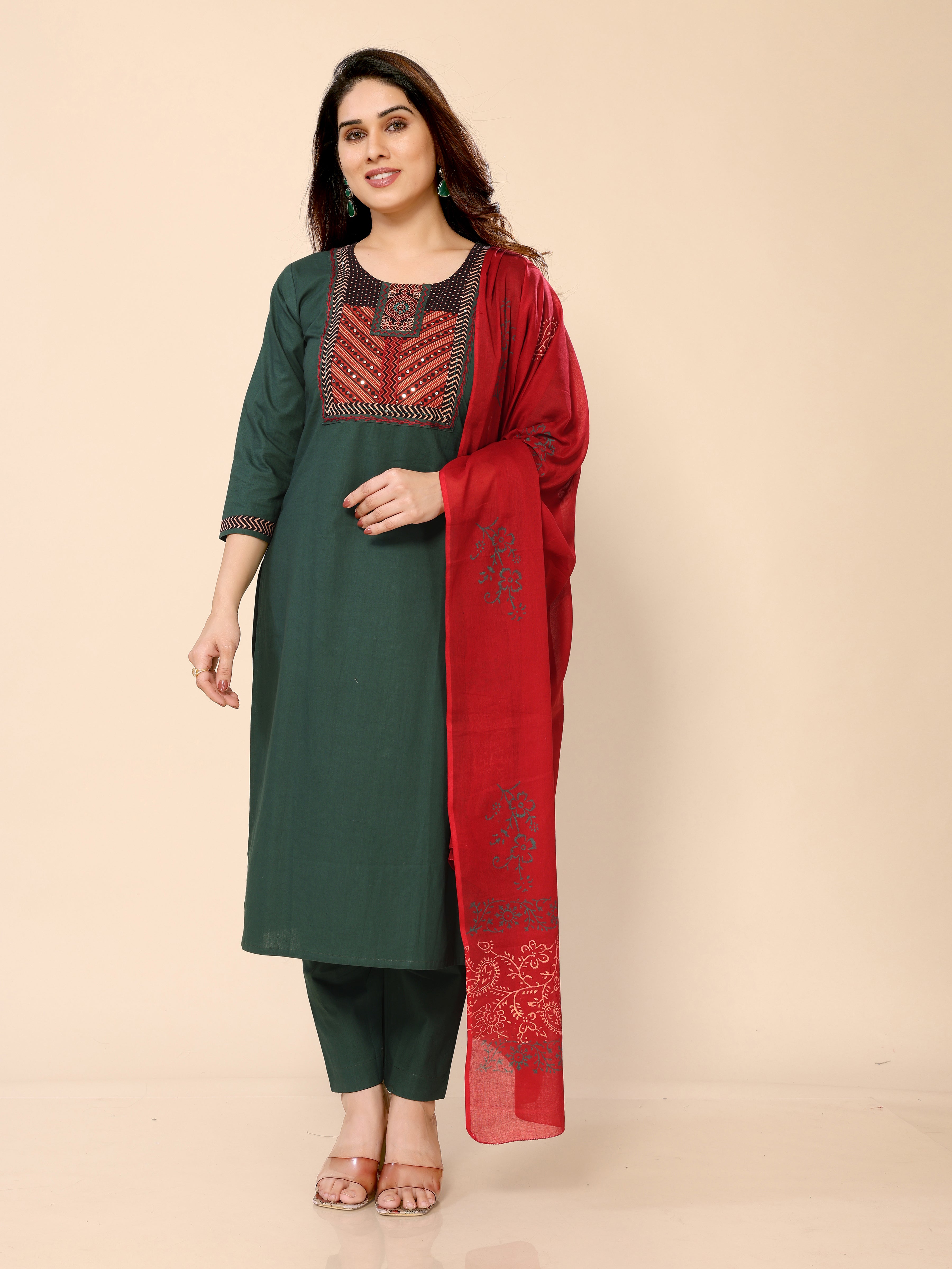Dark Green Embroidery Sequined Straight Kurta Pant & Dupatta Set