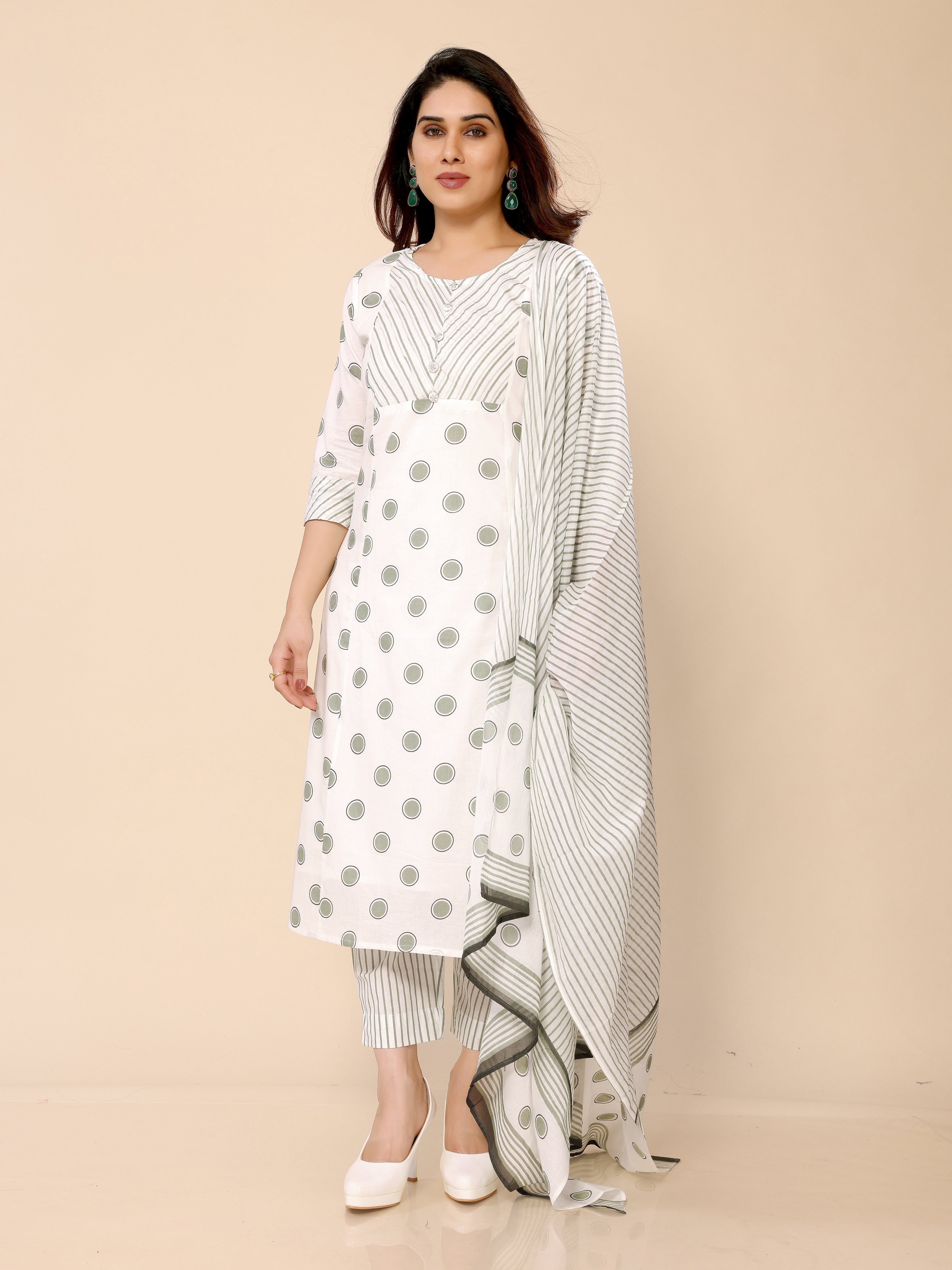 White Polka Stripes Printed Kurta Pant & Dupatta Set