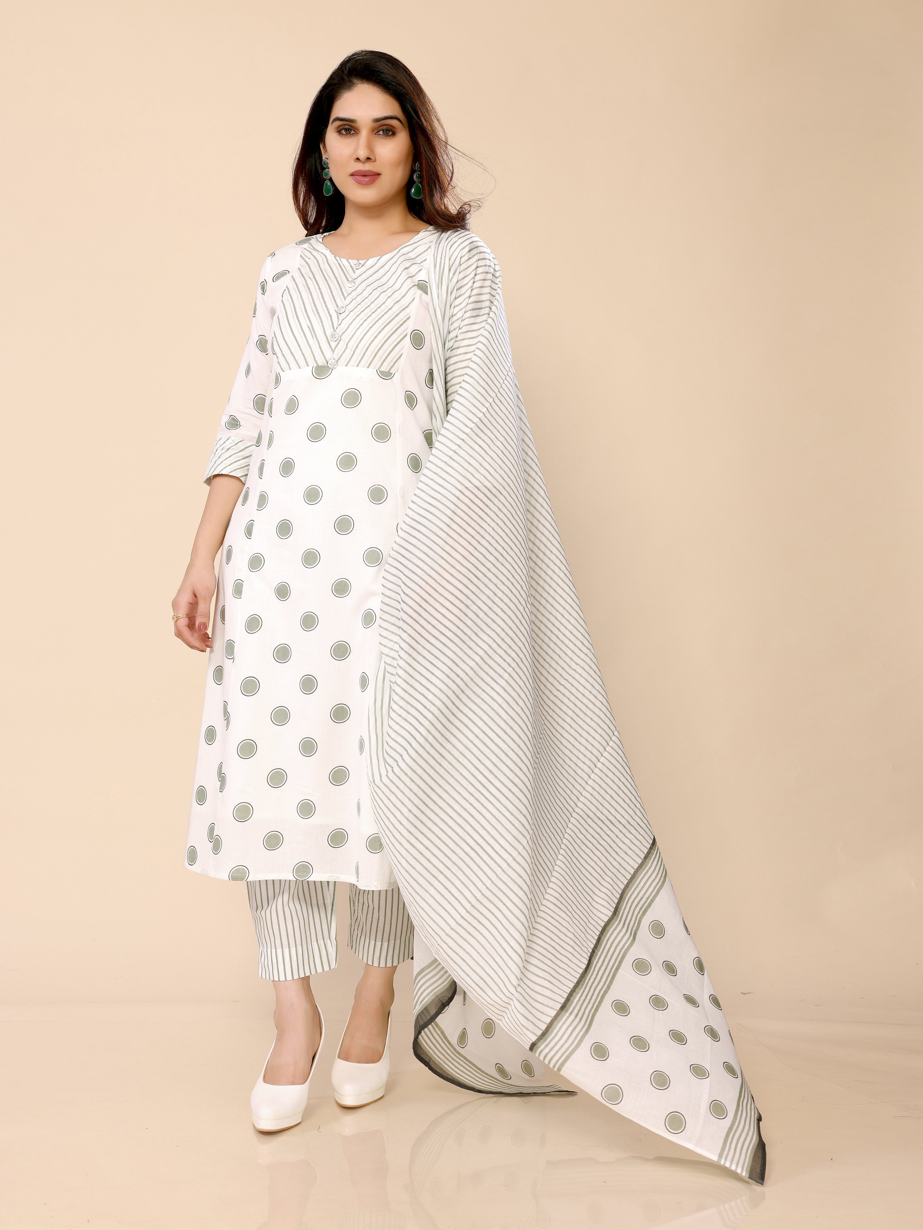 White Polka Stripes Printed Kurta Pant & Dupatta Set