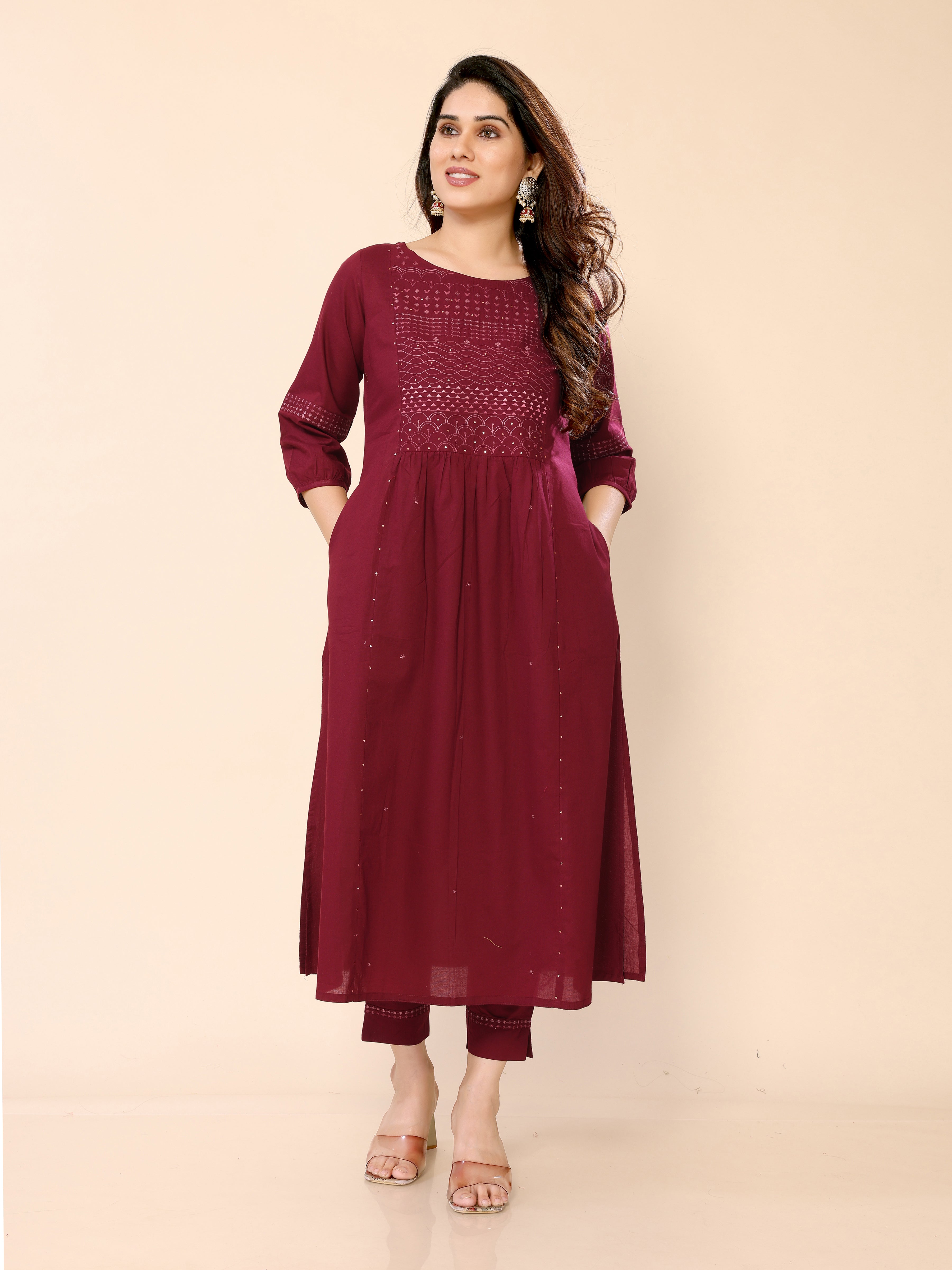 Maroon Yoke Embroidery Sequined Cotton Kurta with Trouser Pant