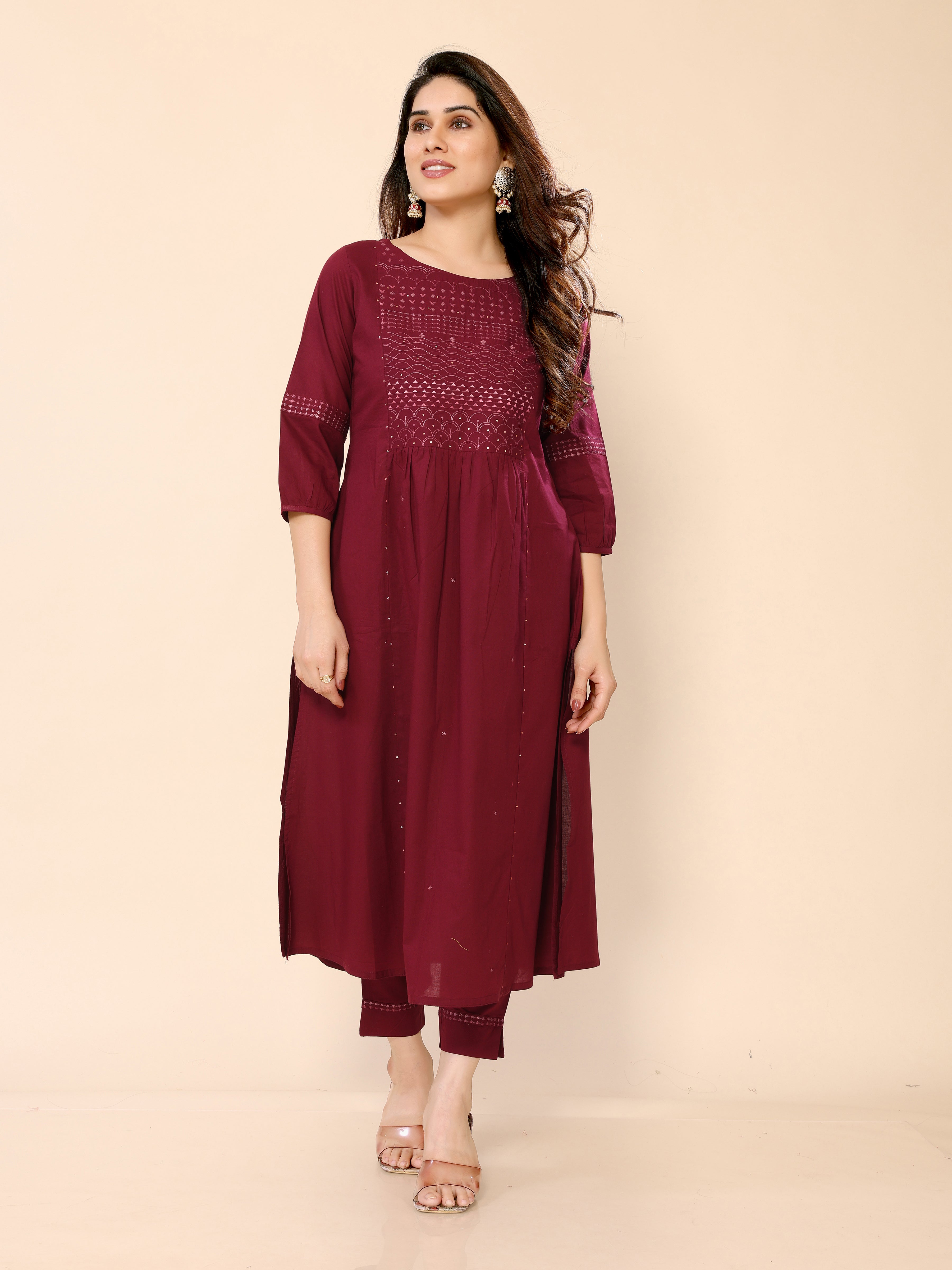 Maroon Yoke Embroidery Sequined Cotton Kurta with Trouser Pant