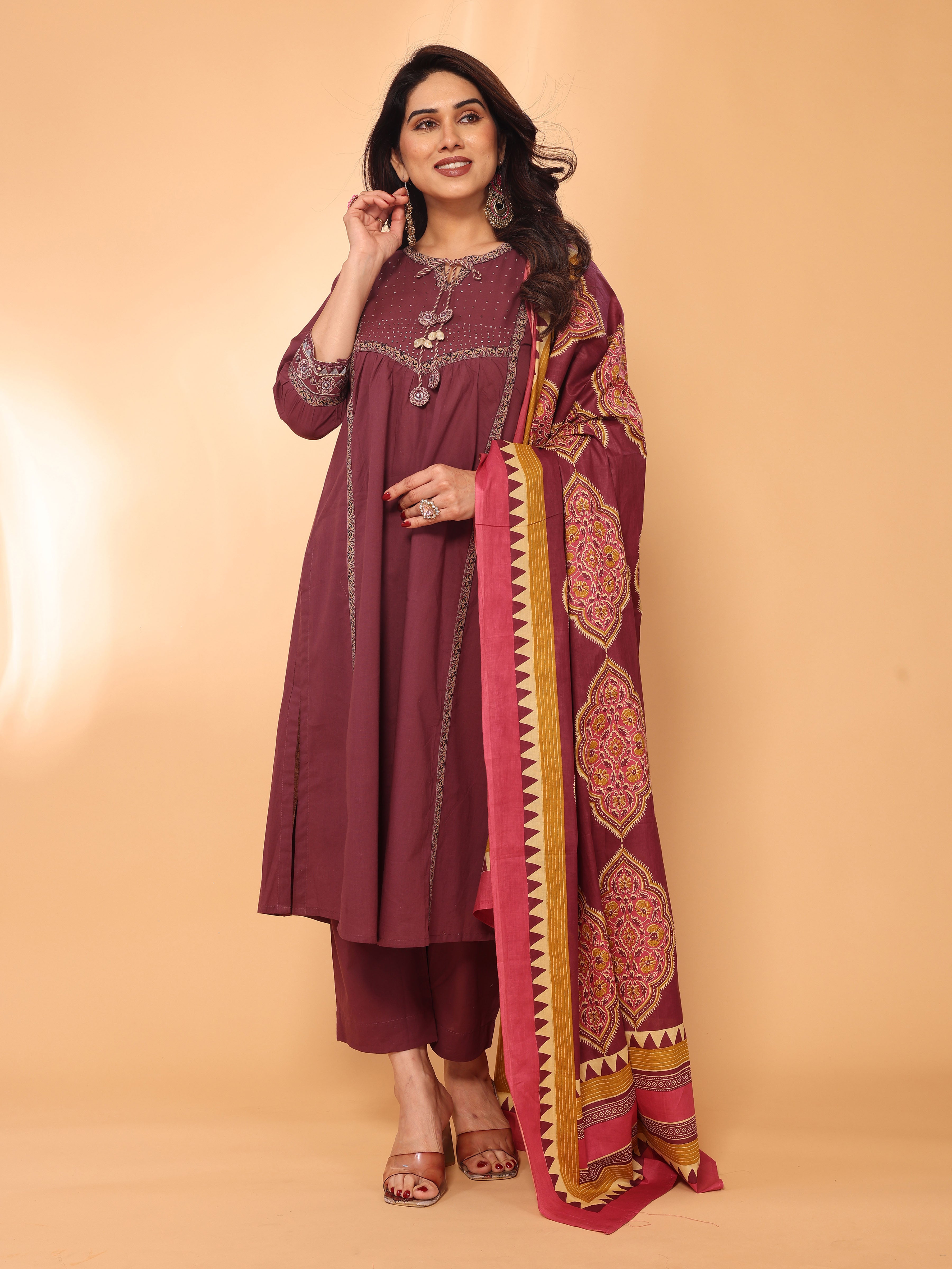 Maroon Straight Kurta Pant & Dupatta Set