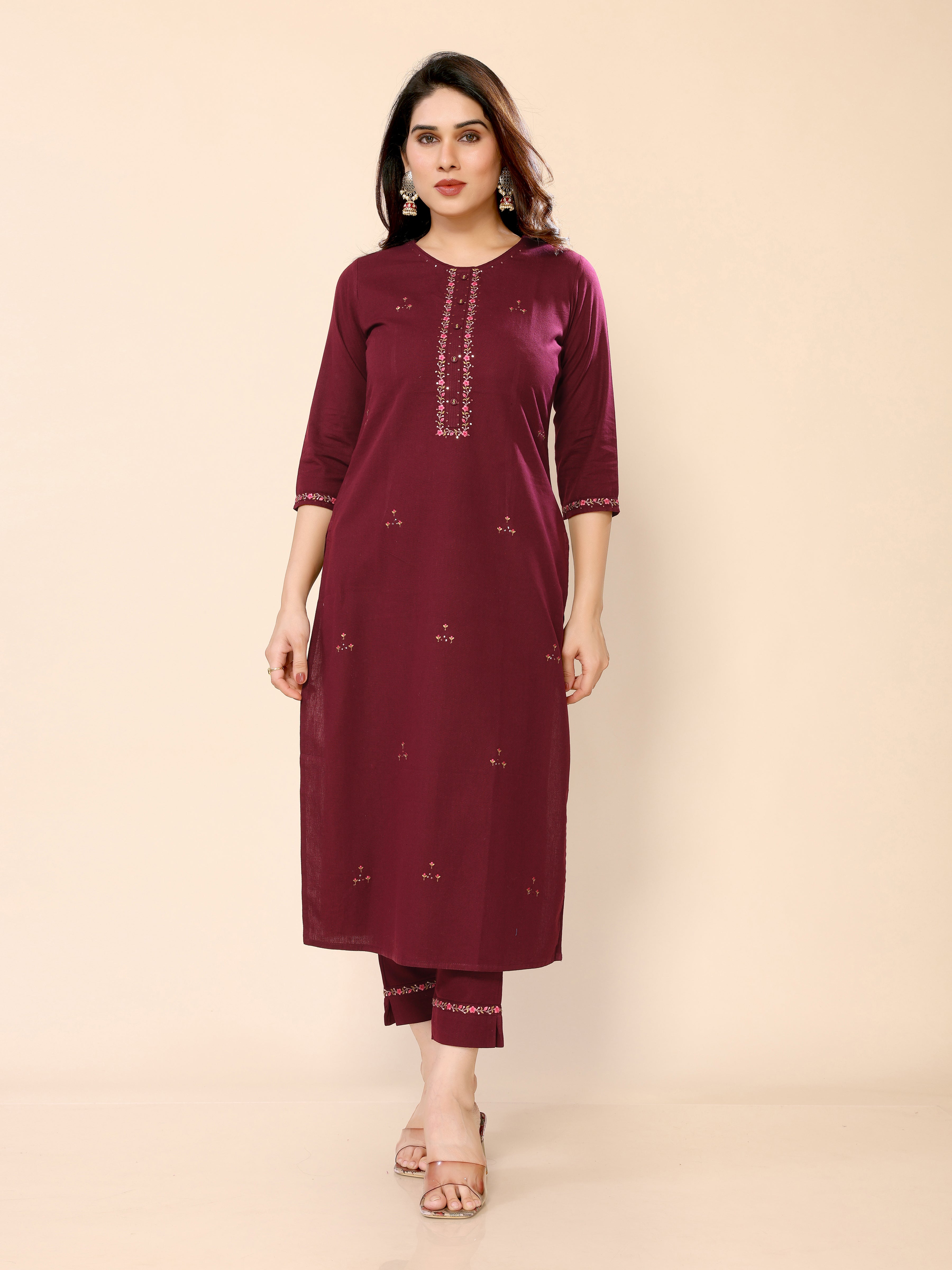Maroon Floral Embroidery Cotton Kurta with Trouser Pant