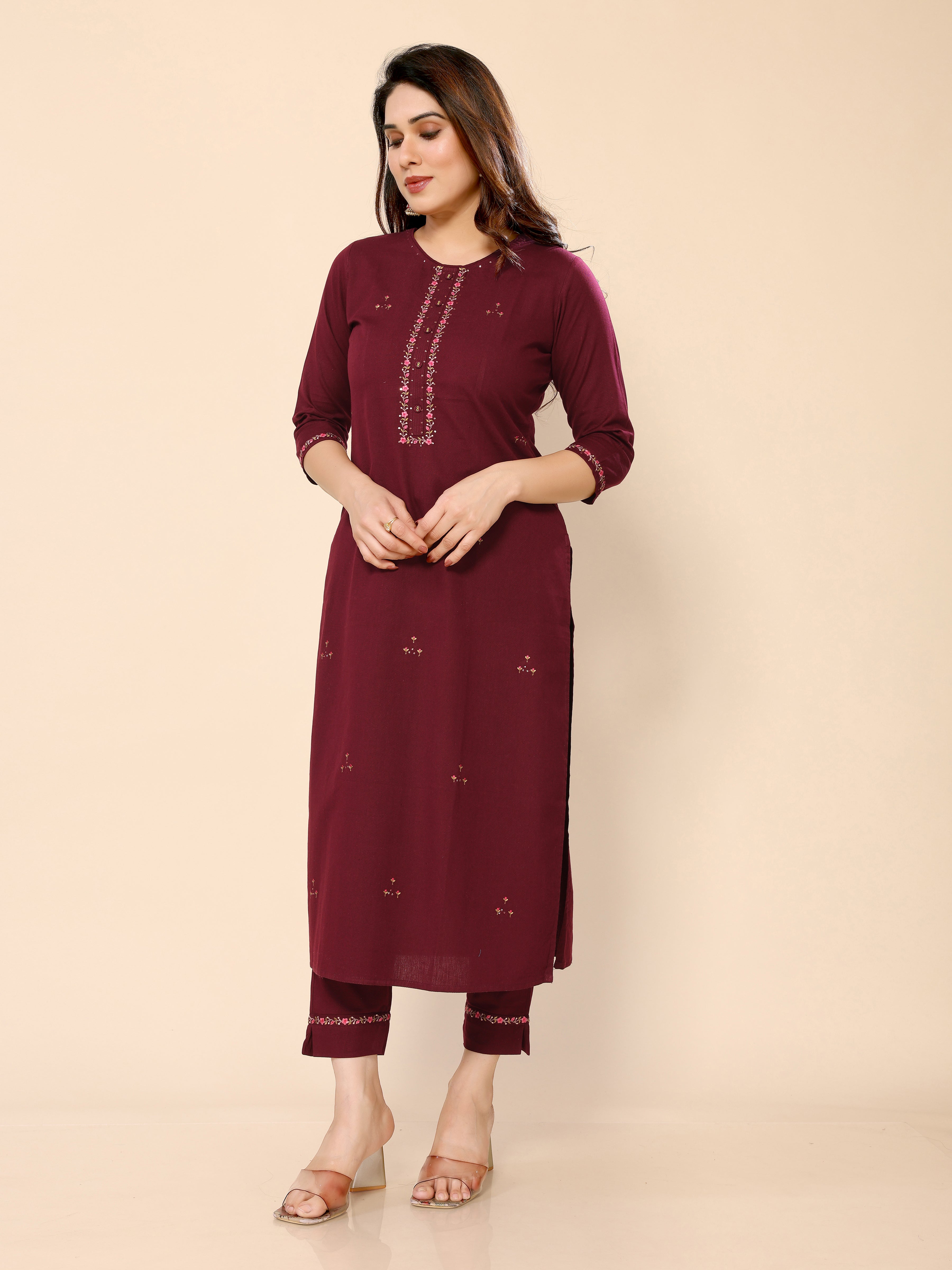 Maroon Floral Embroidery Cotton Kurta with Trouser Pant