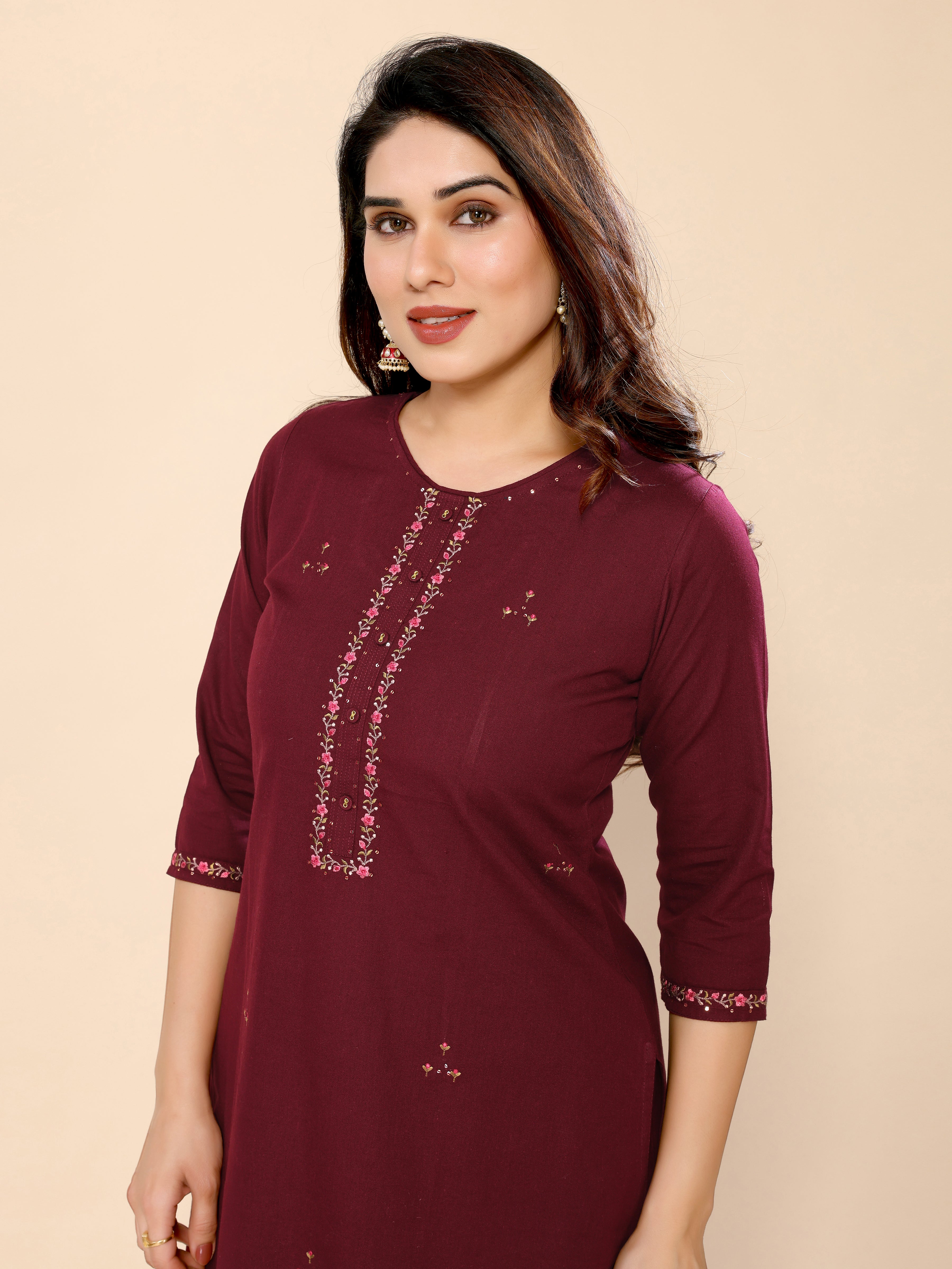 Maroon Floral Embroidery Cotton Kurta with Trouser Pant
