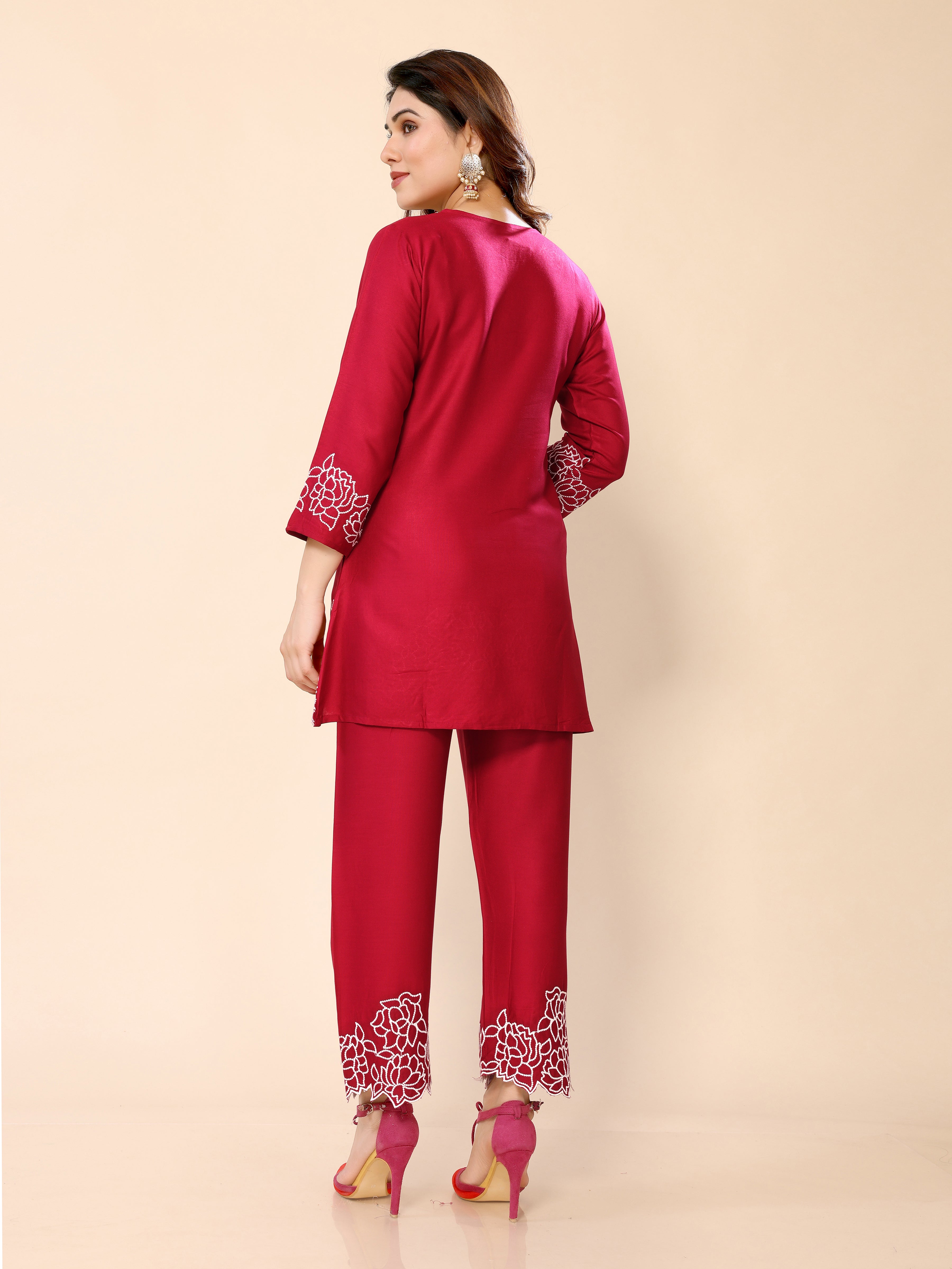 Red Floral Embroidery Cotton Co-ords Set