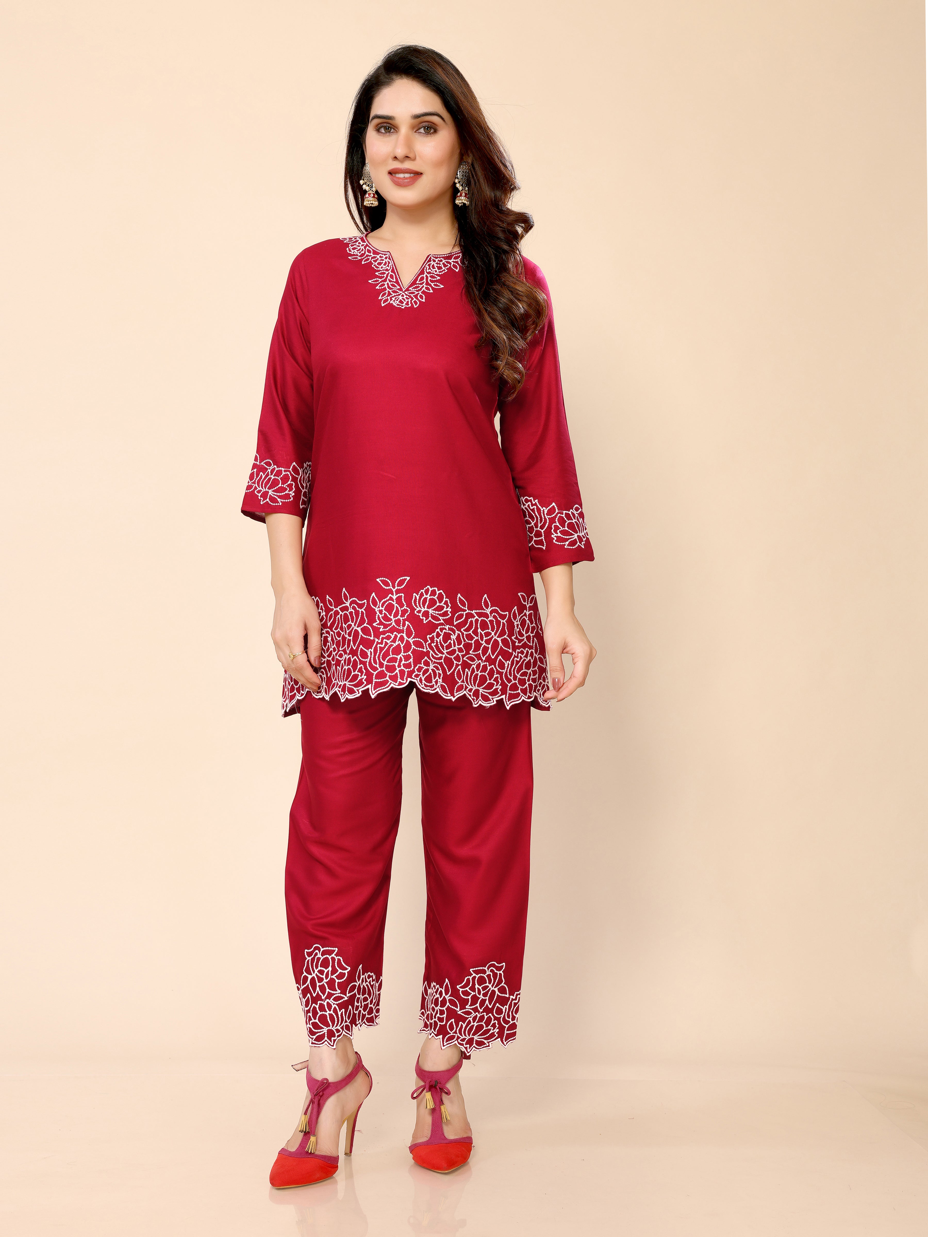 Red Floral Embroidery Cotton Co-ords Set