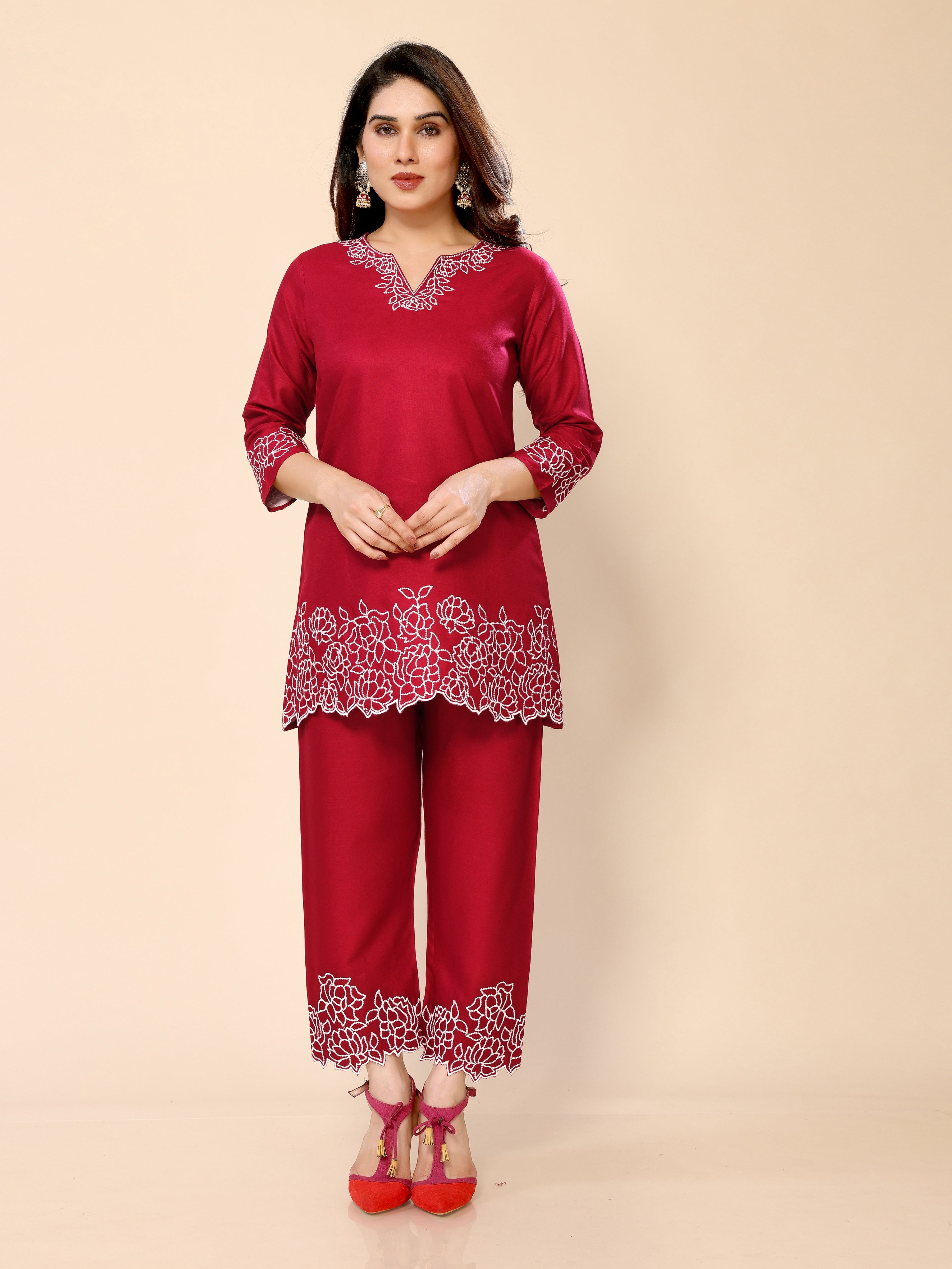 Red Floral Embroidery Cotton Co-ords Set