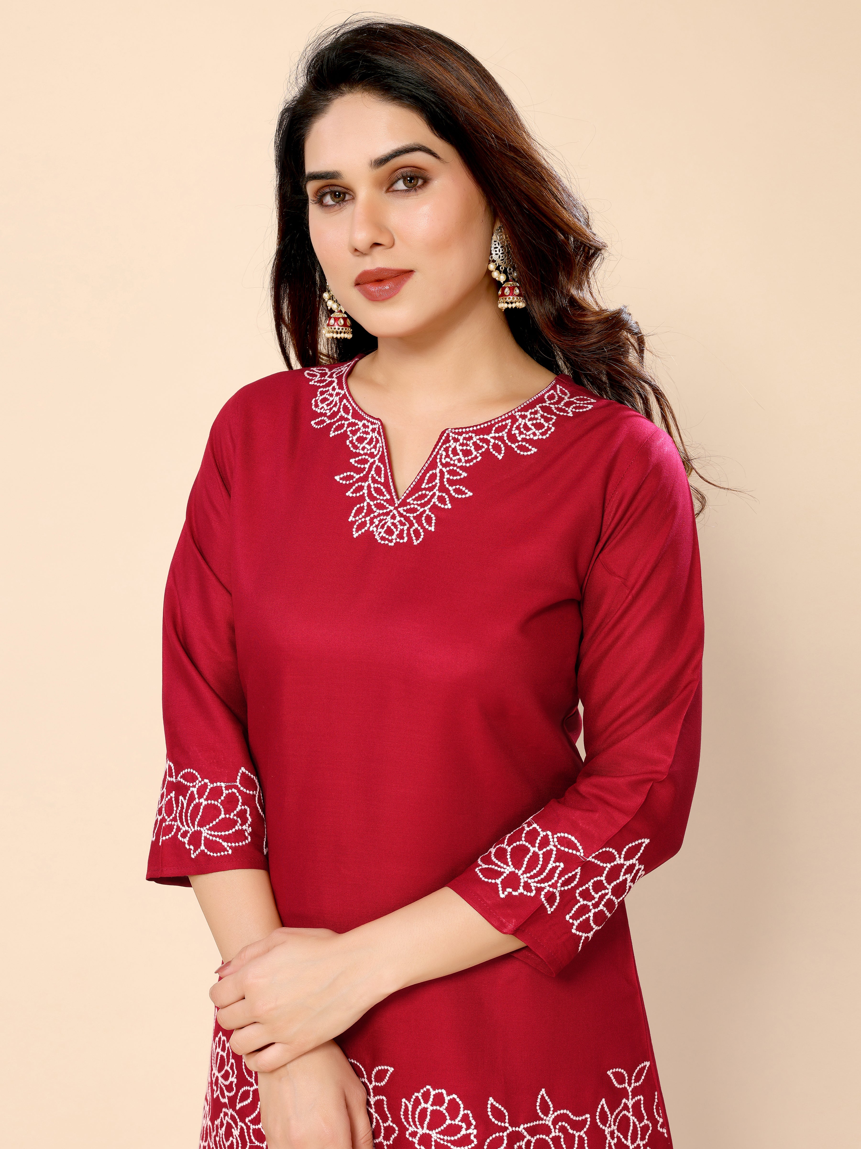Red Floral Embroidery Cotton Co-ords Set