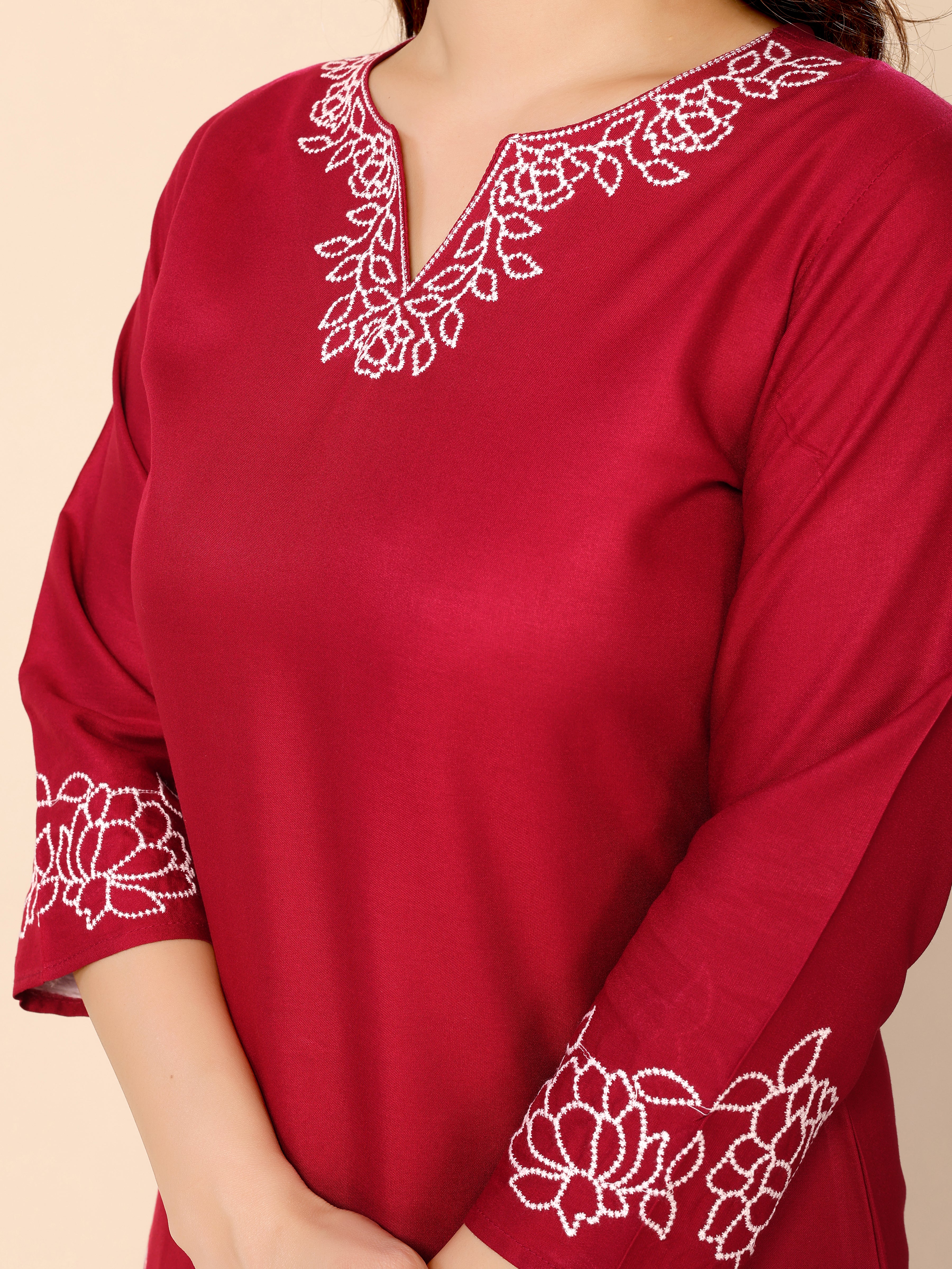 Red Floral Embroidery Cotton Co-ords Set