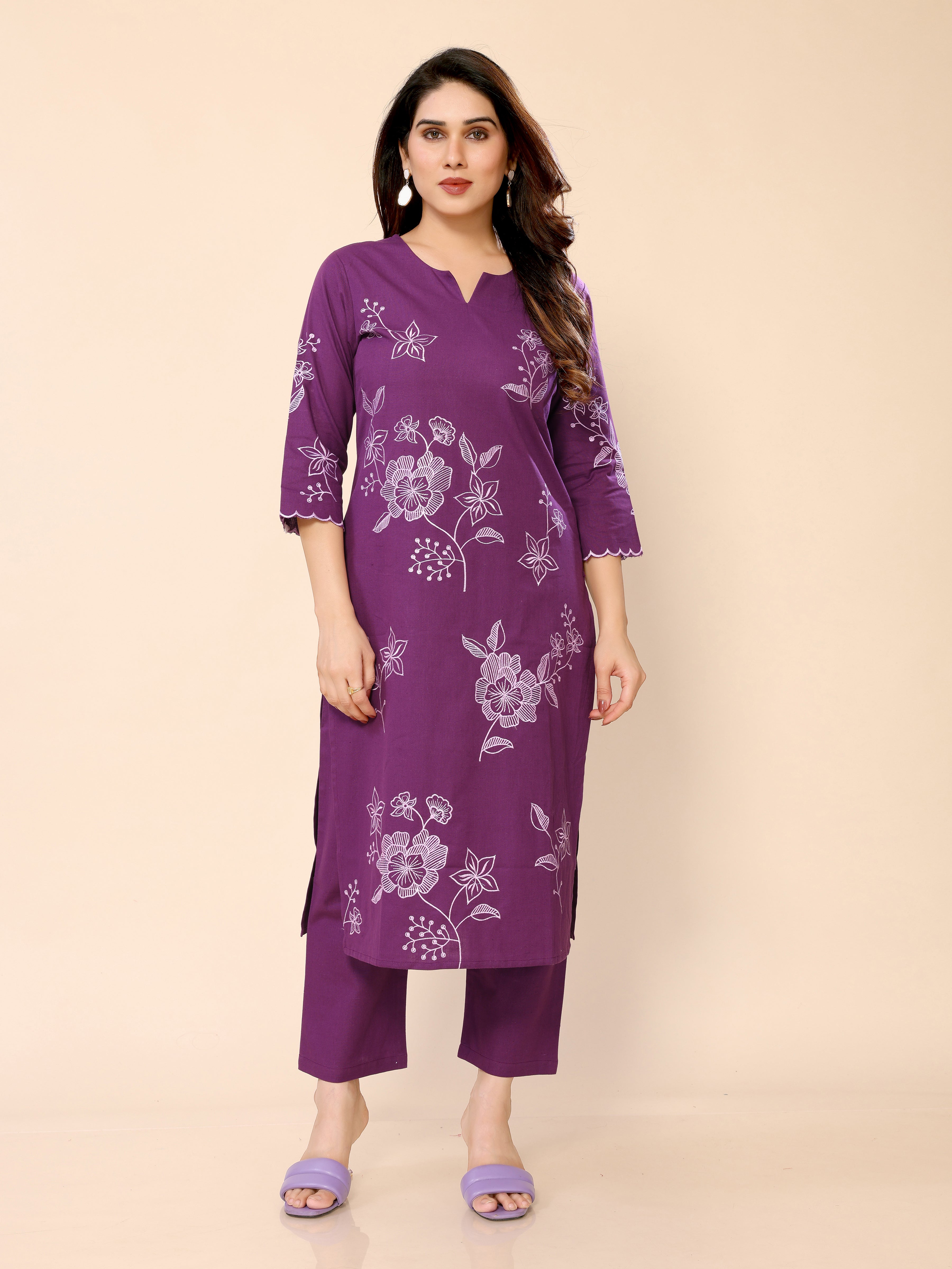 Purple Floral Embroidered Cotton Kurta with Trouser Pant