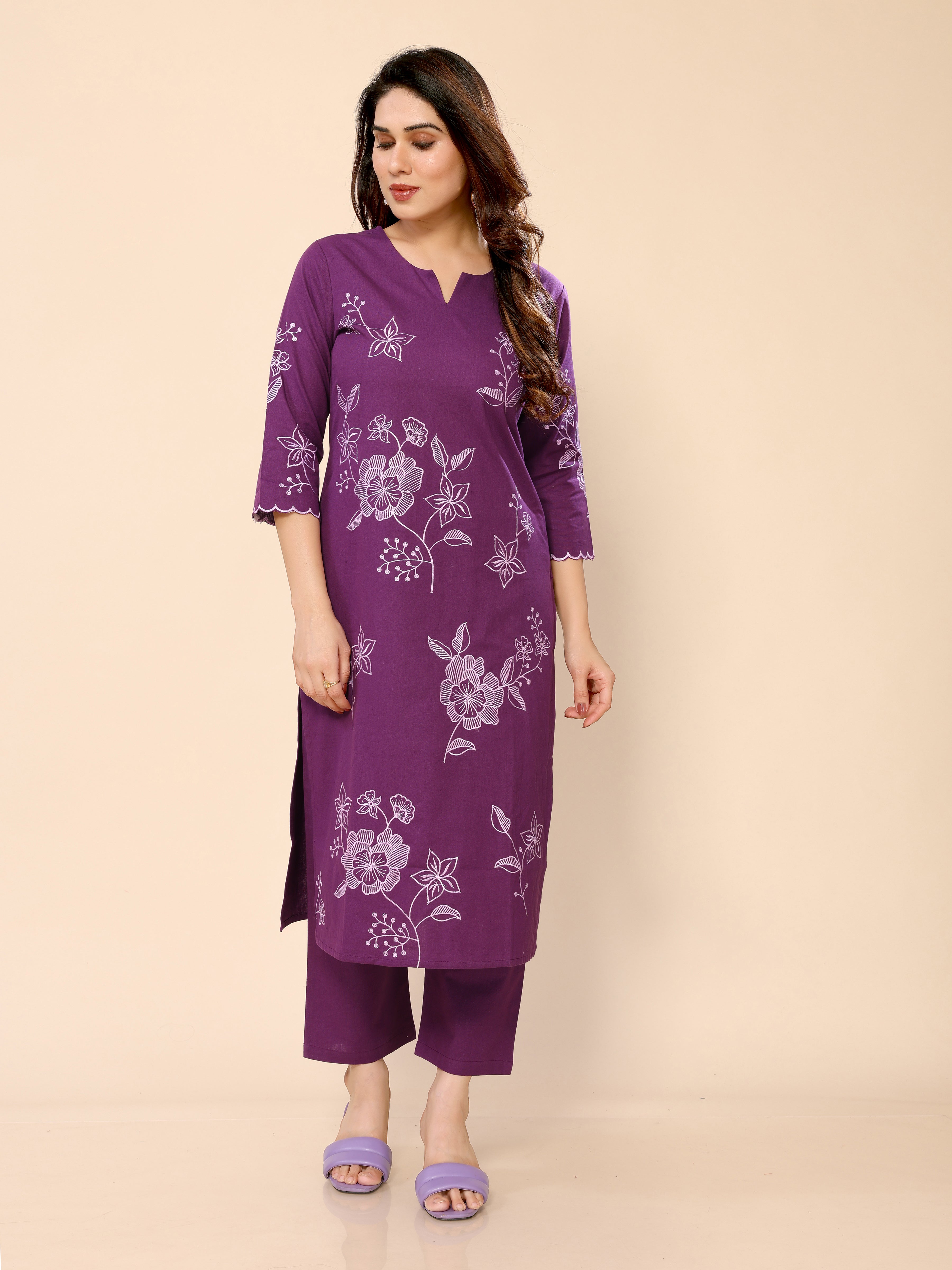Purple Floral Embroidered Cotton Kurta with Trouser Pant