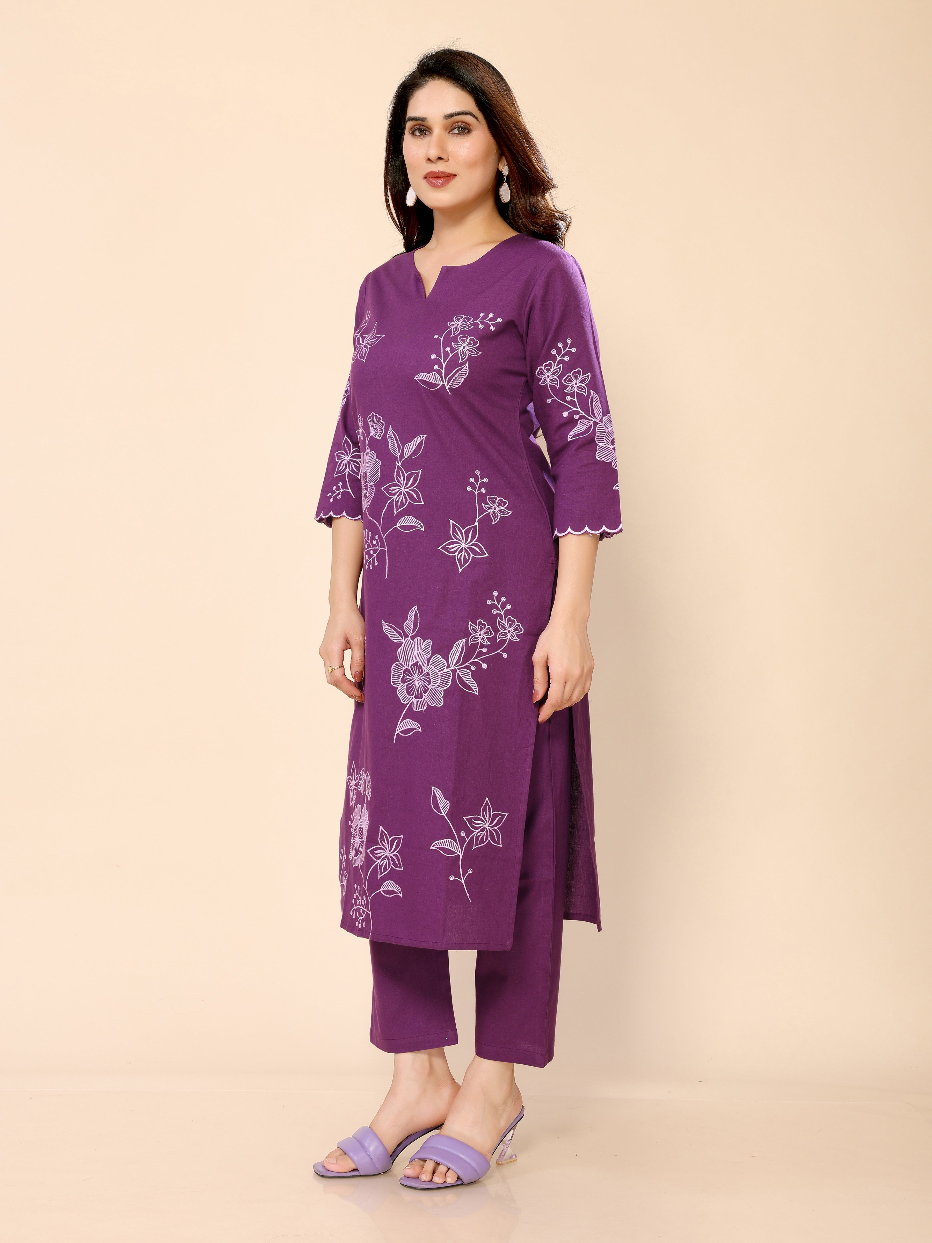 Purple Floral Embroidered Cotton Kurta with Trouser Pant