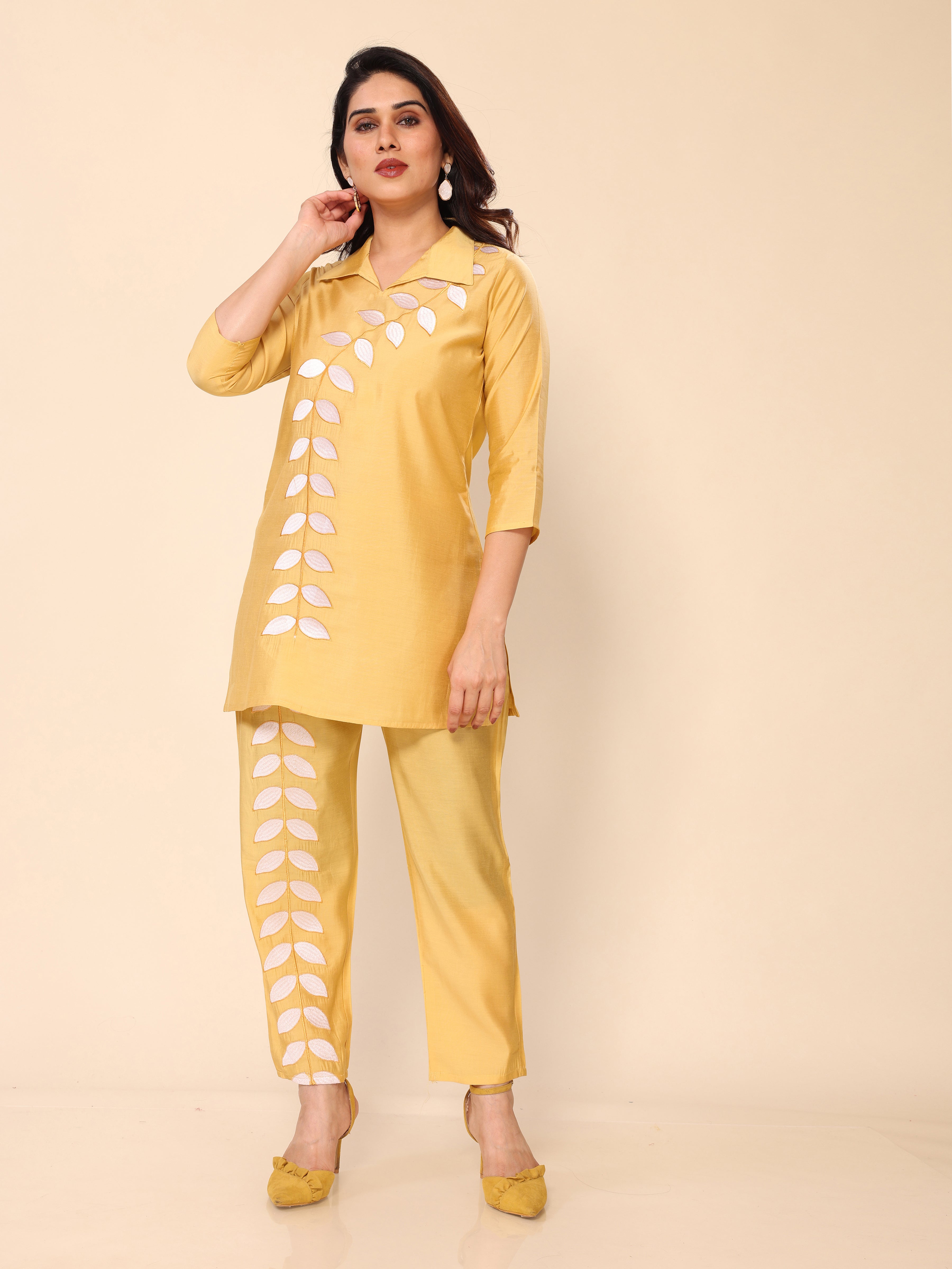 Yellow Floral Embroidery Cotton Co-ords Set