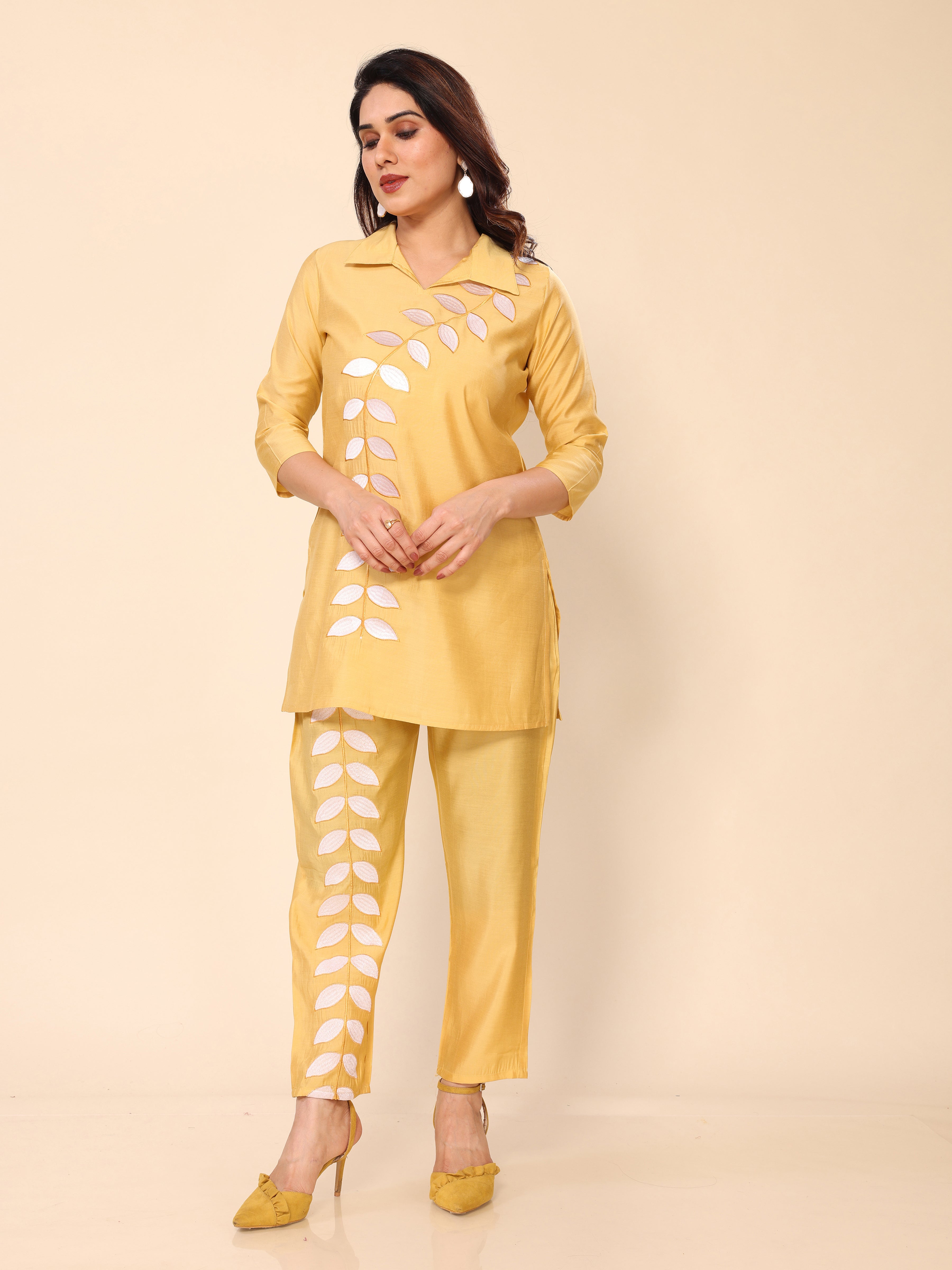 Yellow Floral Embroidery Cotton Co-ords Set