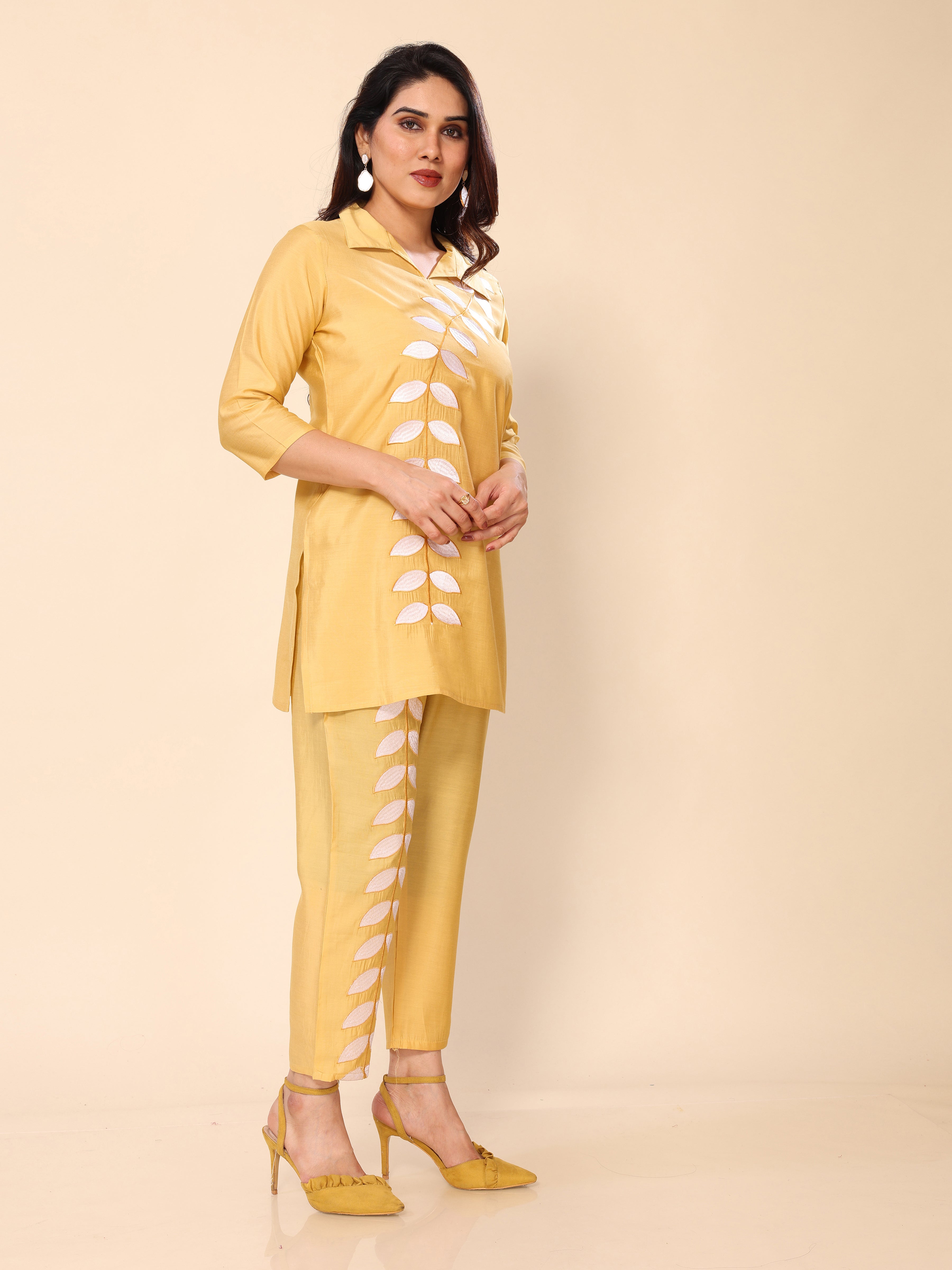 Yellow Floral Embroidery Cotton Co-ords Set