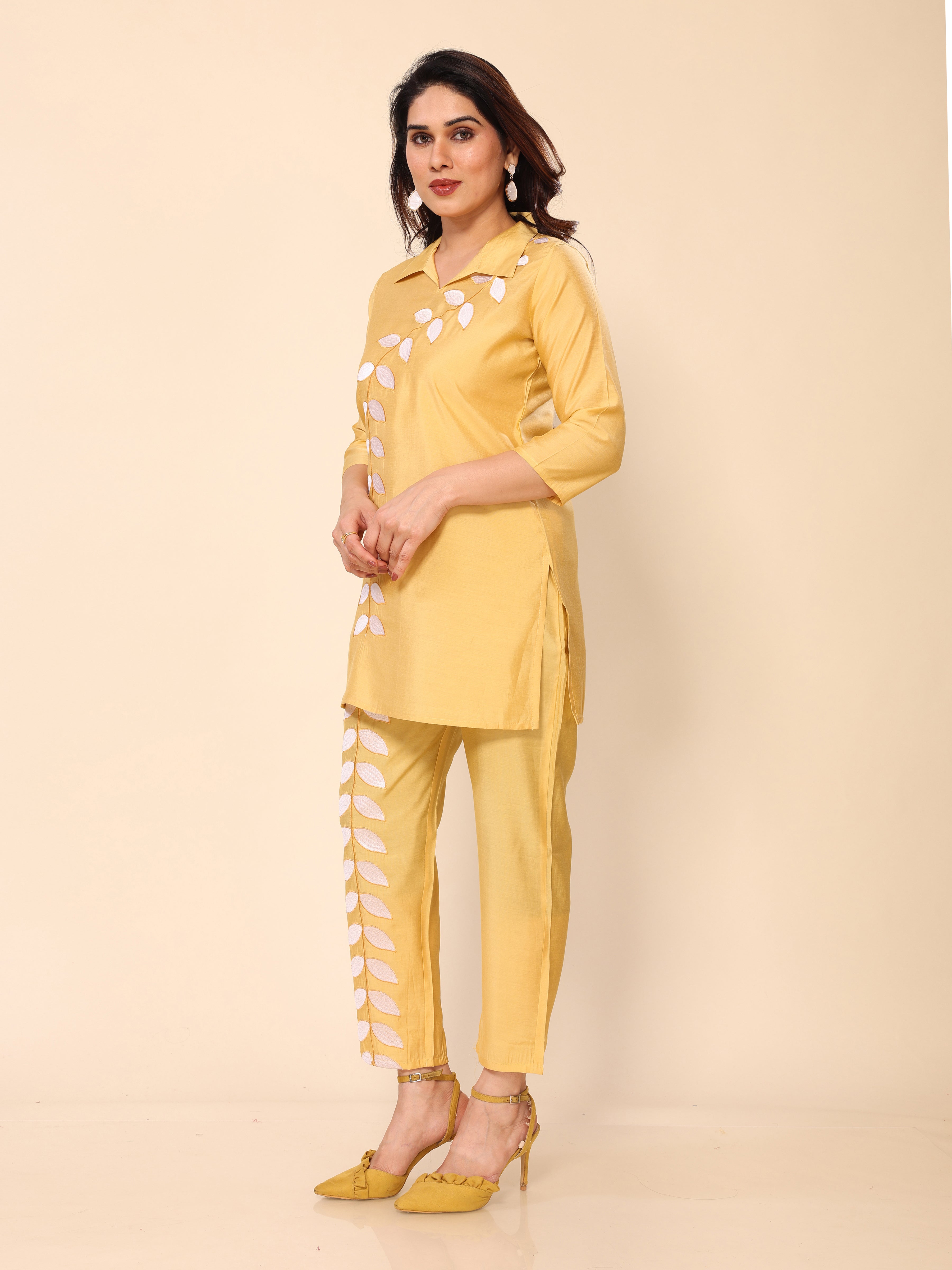 Yellow Floral Embroidery Cotton Co-ords Set