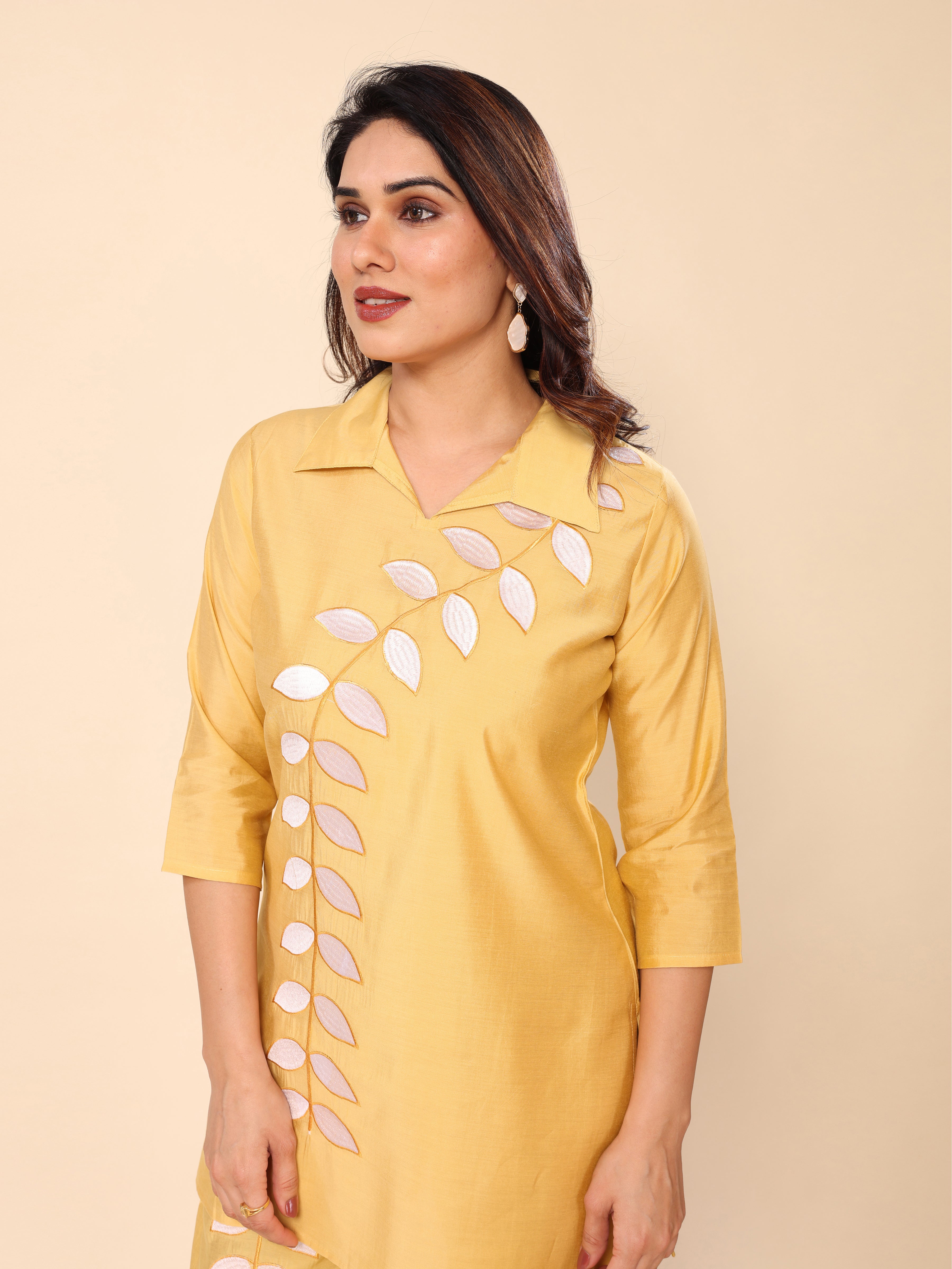Yellow Floral Embroidery Cotton Co-ords Set