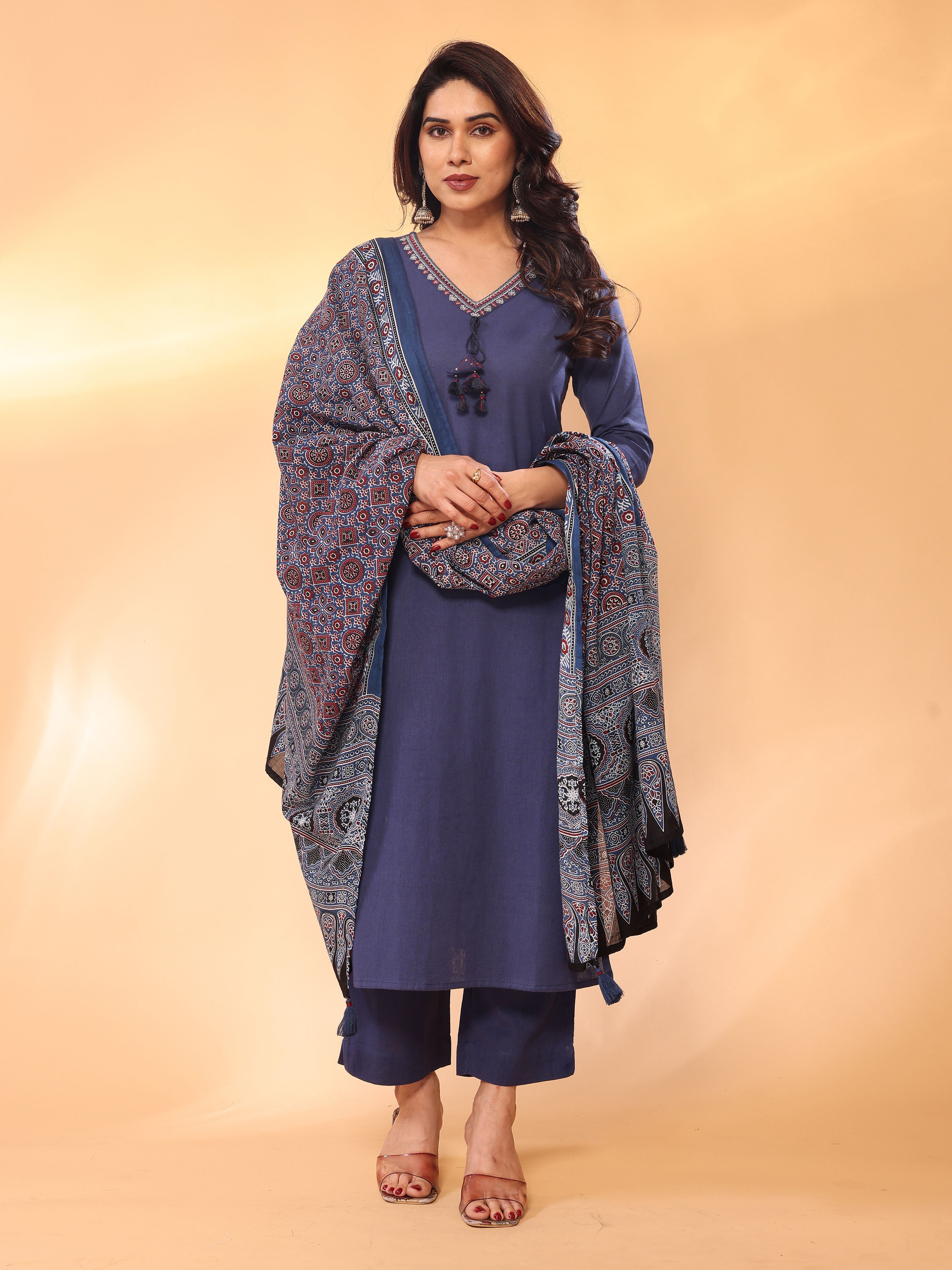 Navy Blue Straight Kurta Pant & Dupatta Set