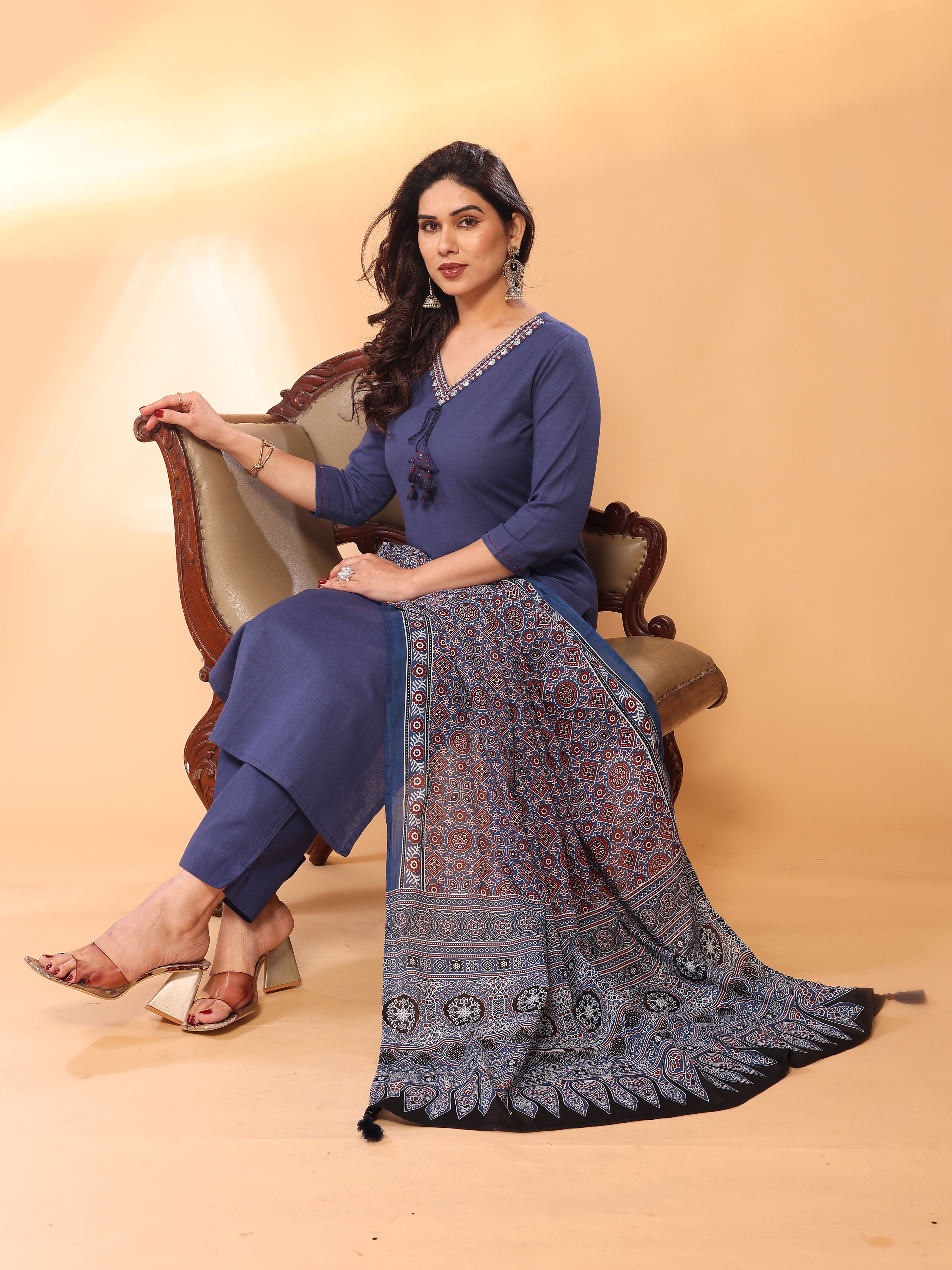 Navy Blue Straight Kurta Pant & Dupatta Set