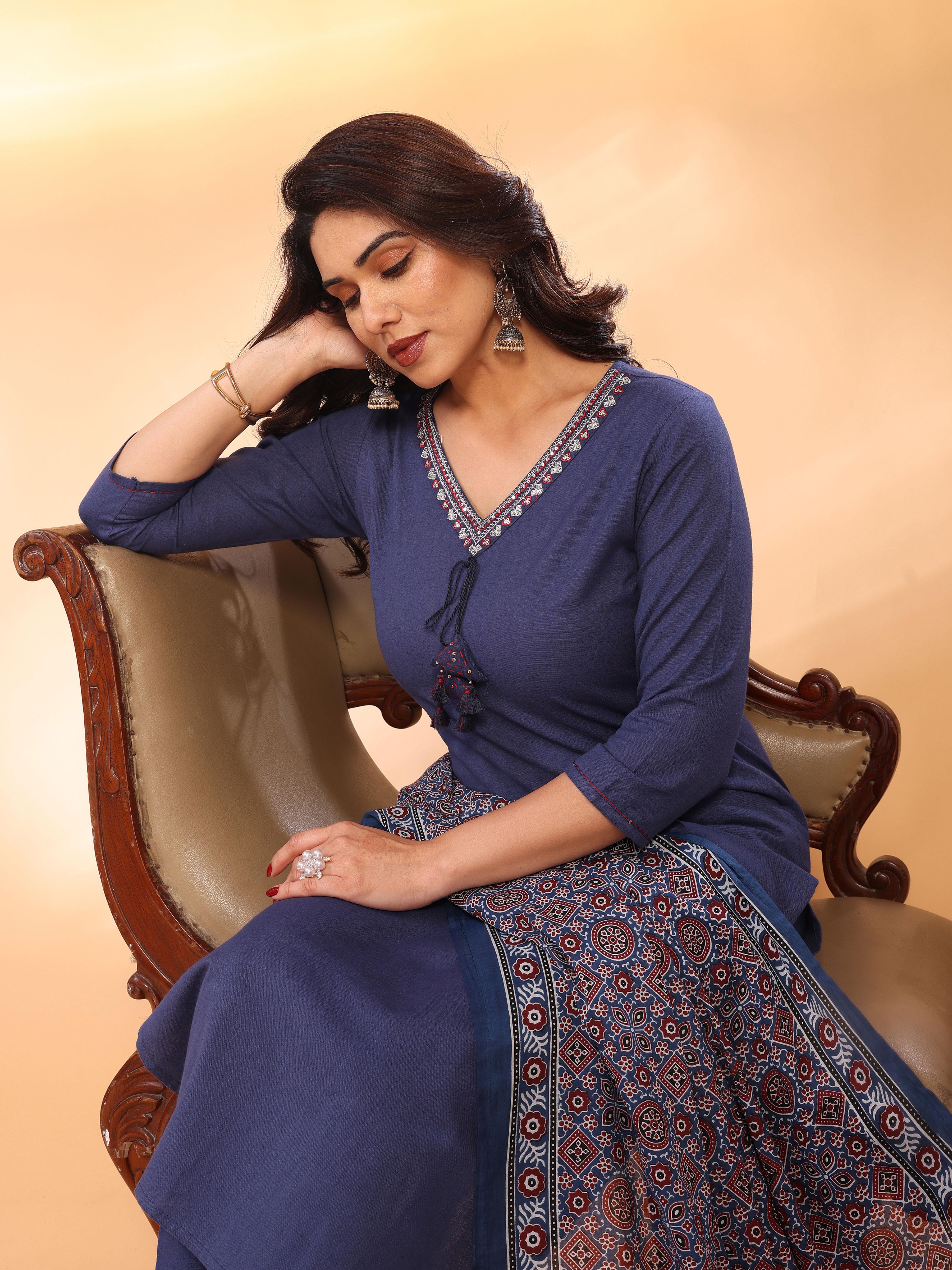 Navy Blue Straight Kurta Pant & Dupatta Set