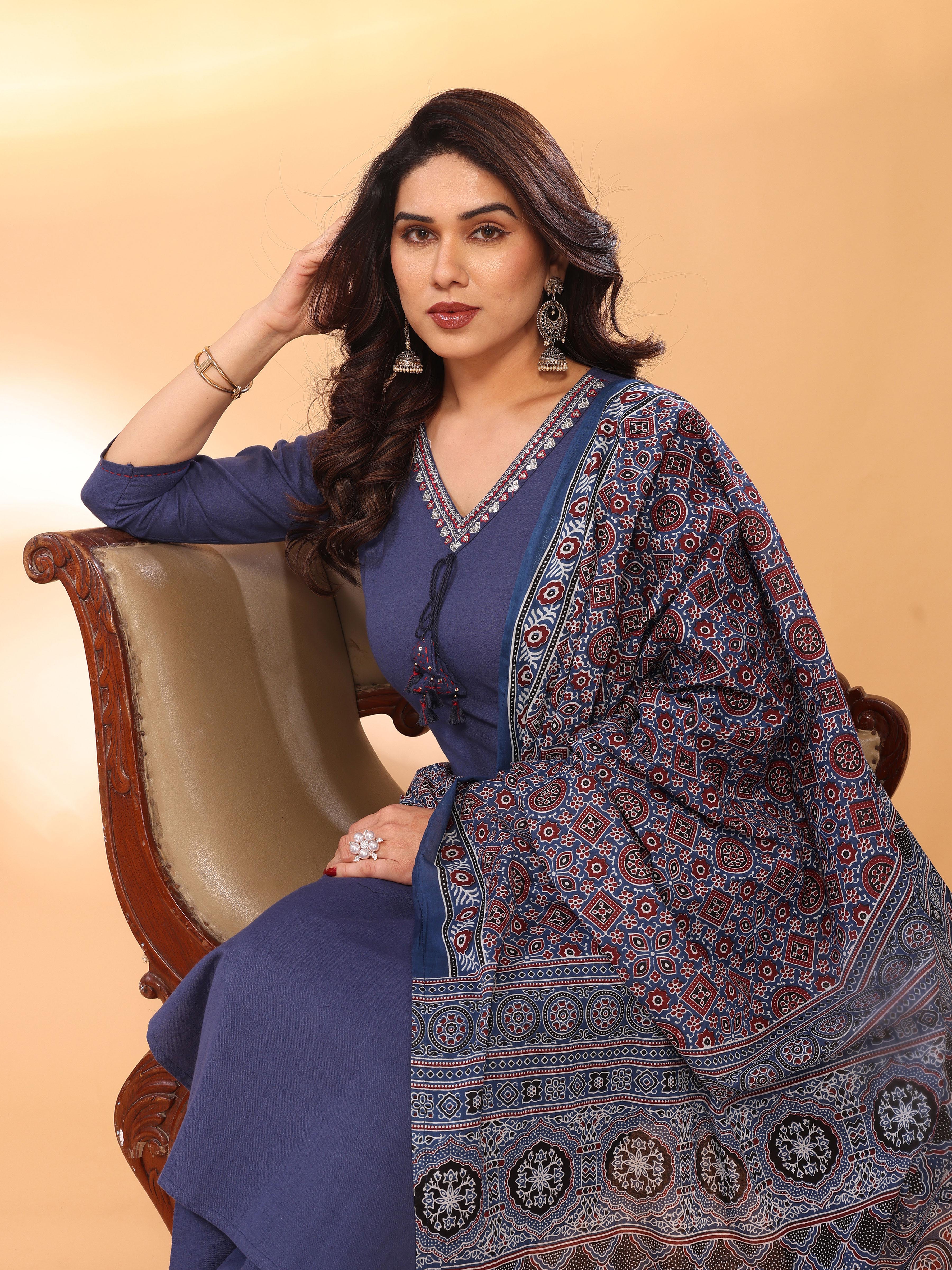 Navy Blue Straight Kurta Pant & Dupatta Set