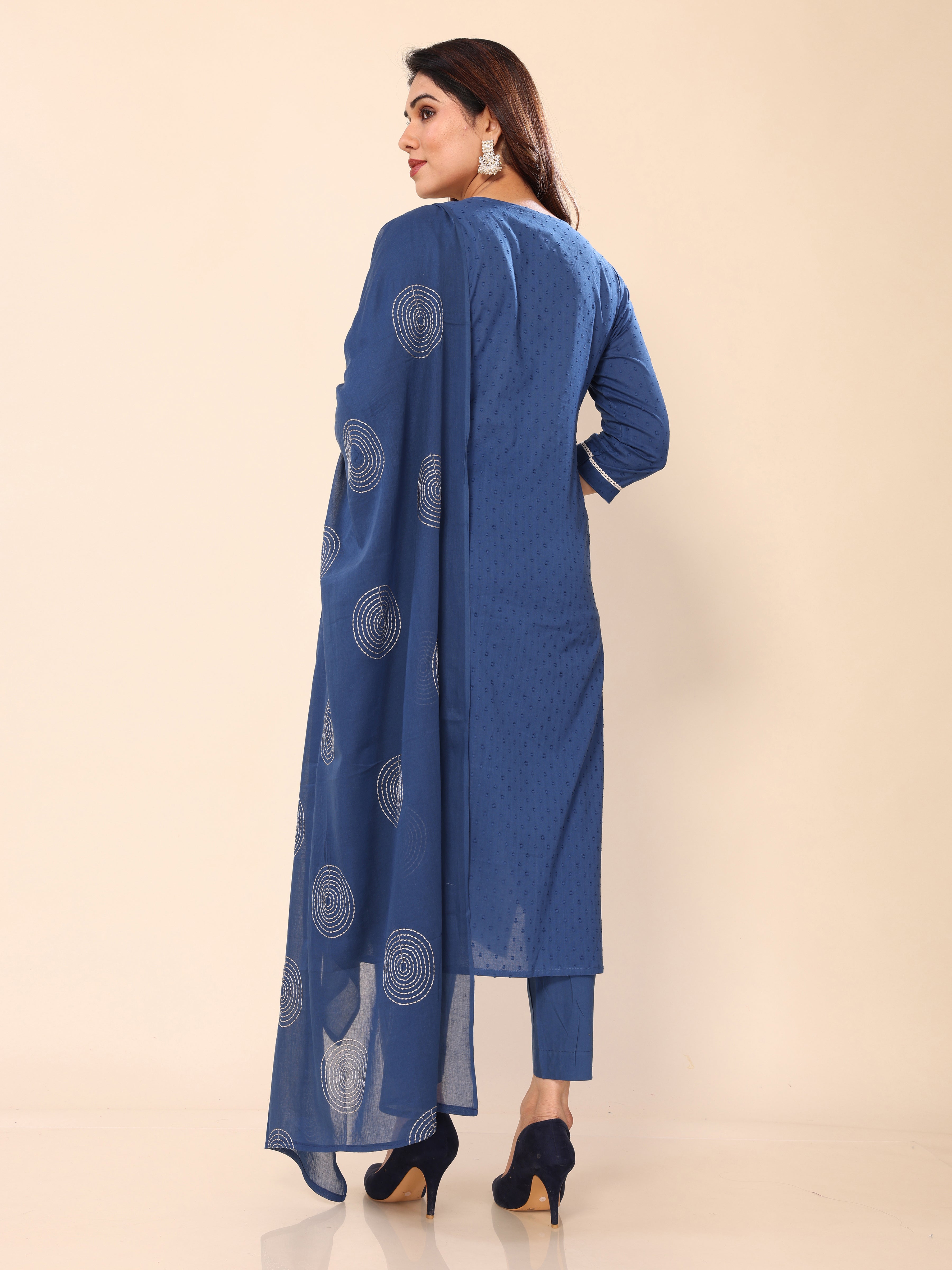 Navy Blue Floral Embroidery Kurta Pant & Dupatta Set