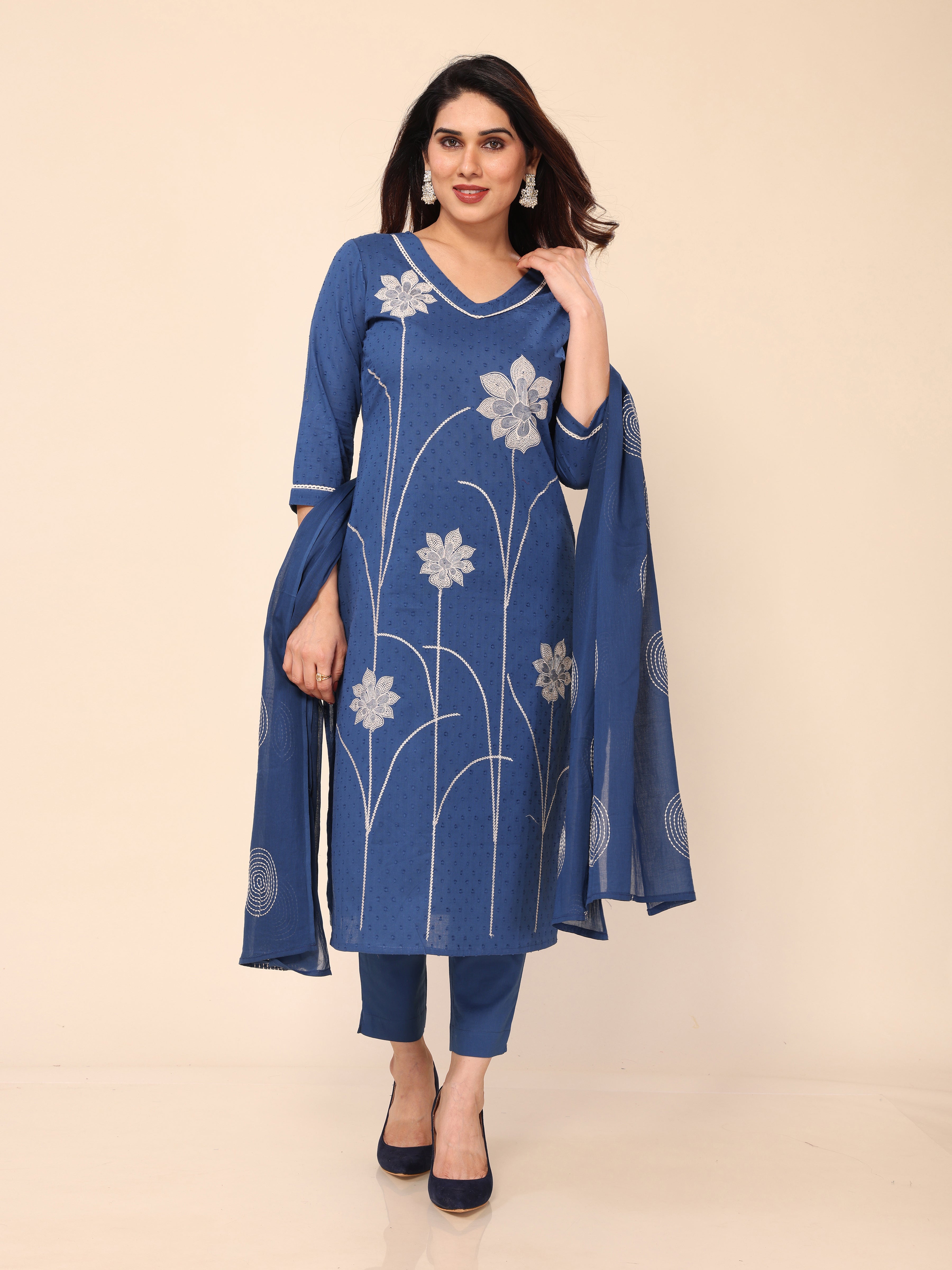 Navy Blue Floral Embroidery Kurta Pant & Dupatta Set
