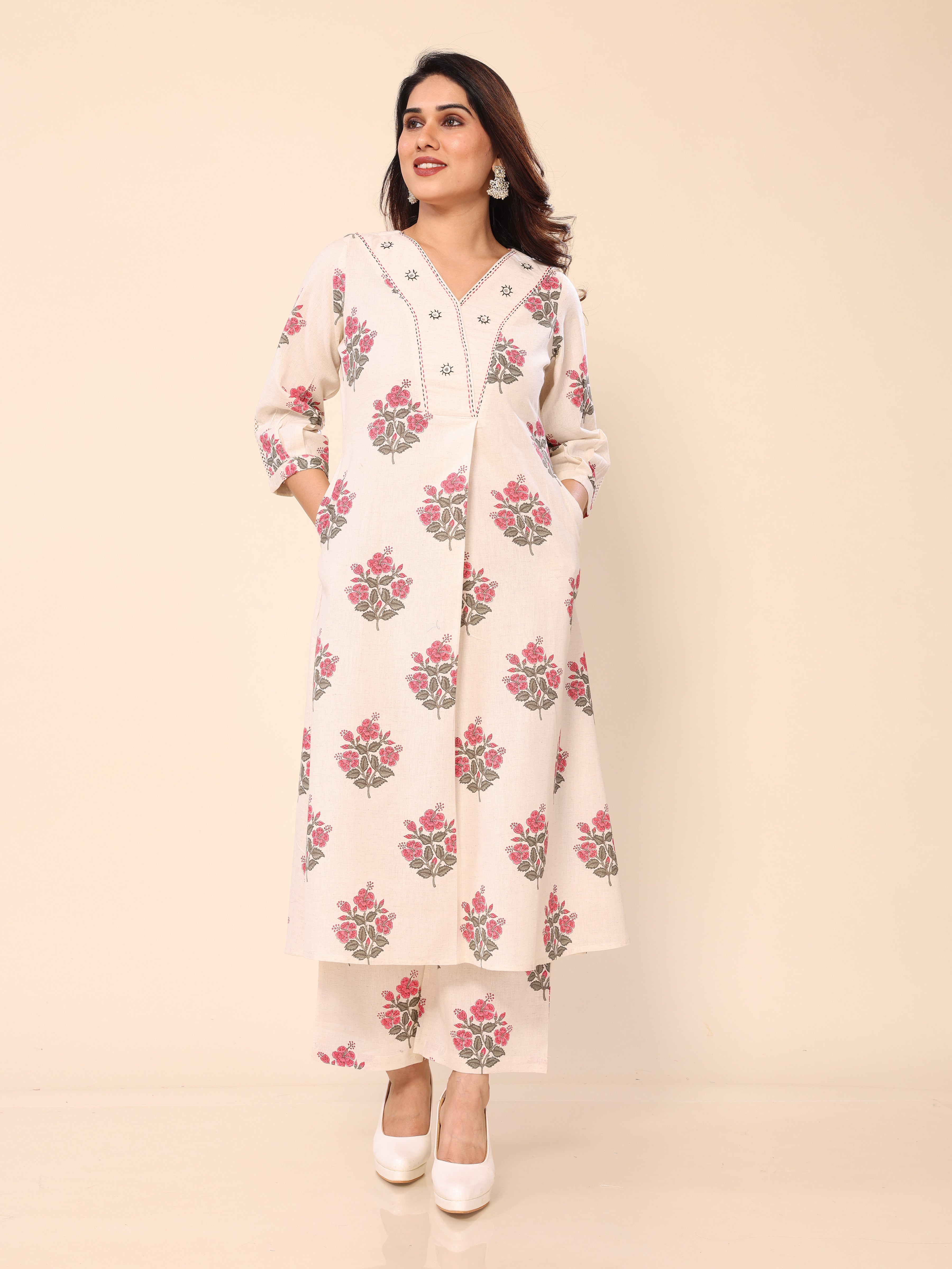 Beige Floral Printed Khadi Cotton Kurta with Palazzo