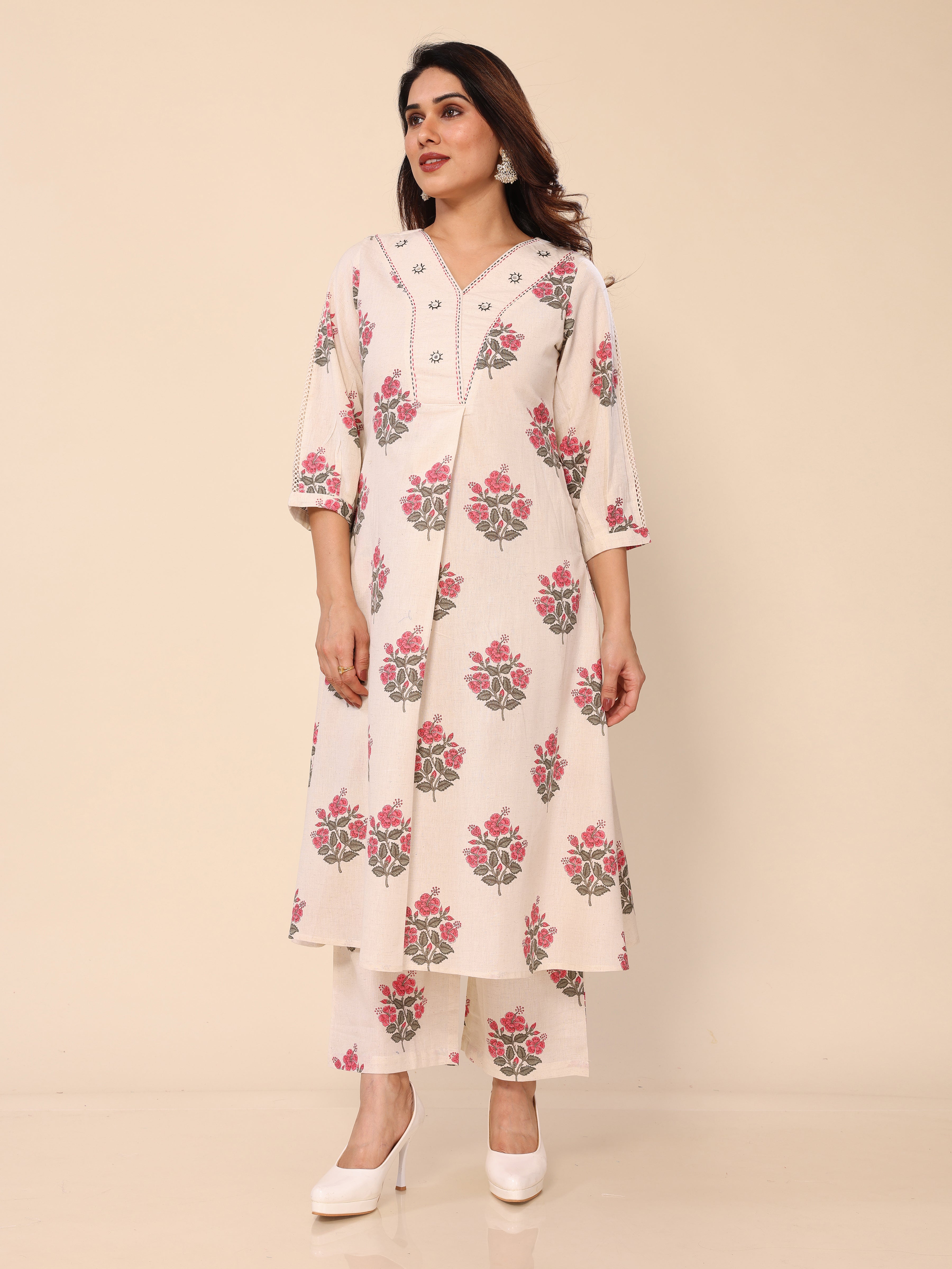 Beige Floral Printed Khadi Cotton Kurta with Palazzo