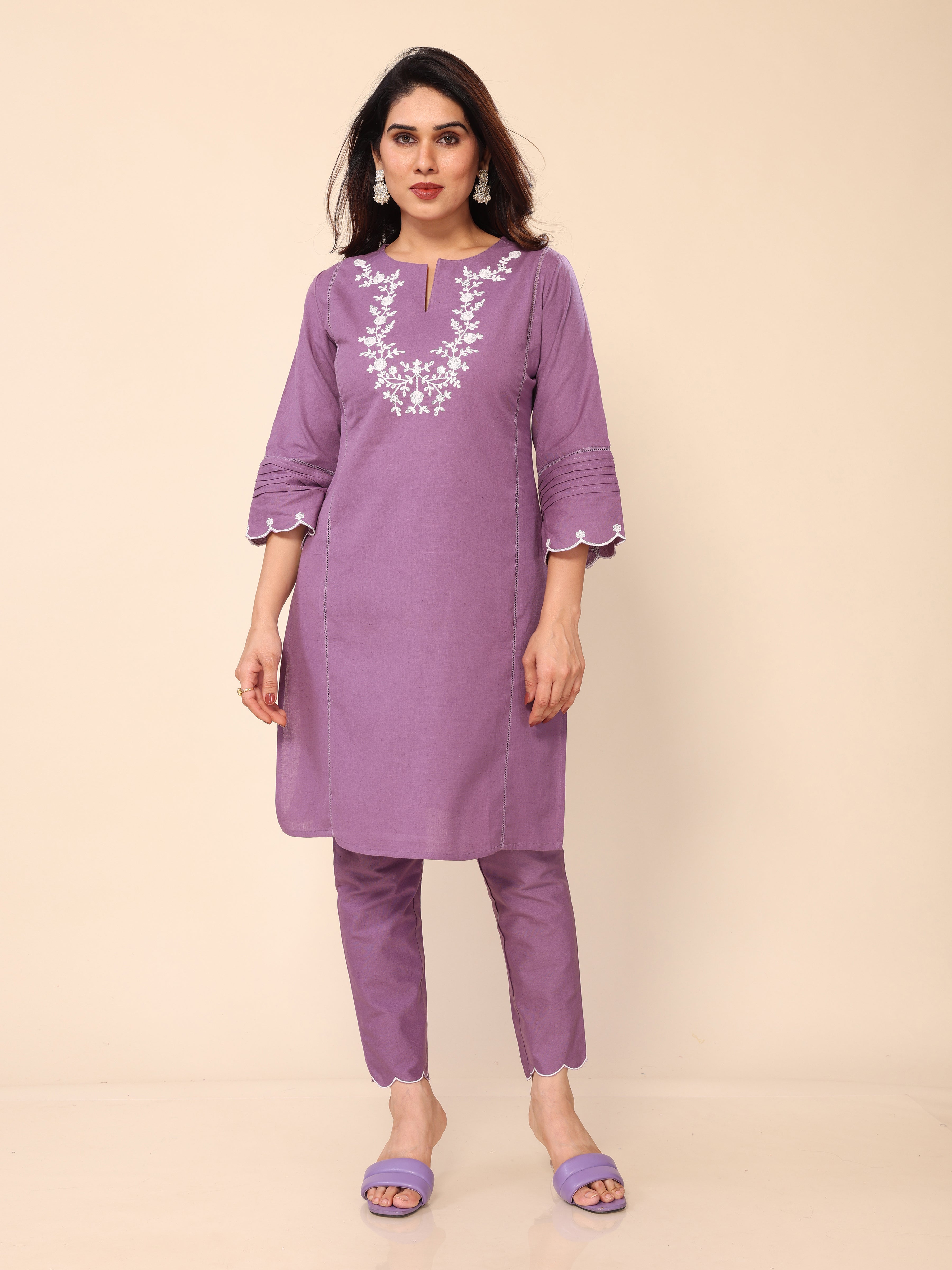 Purple Floral Embroidered Cotton Kurta with Pants