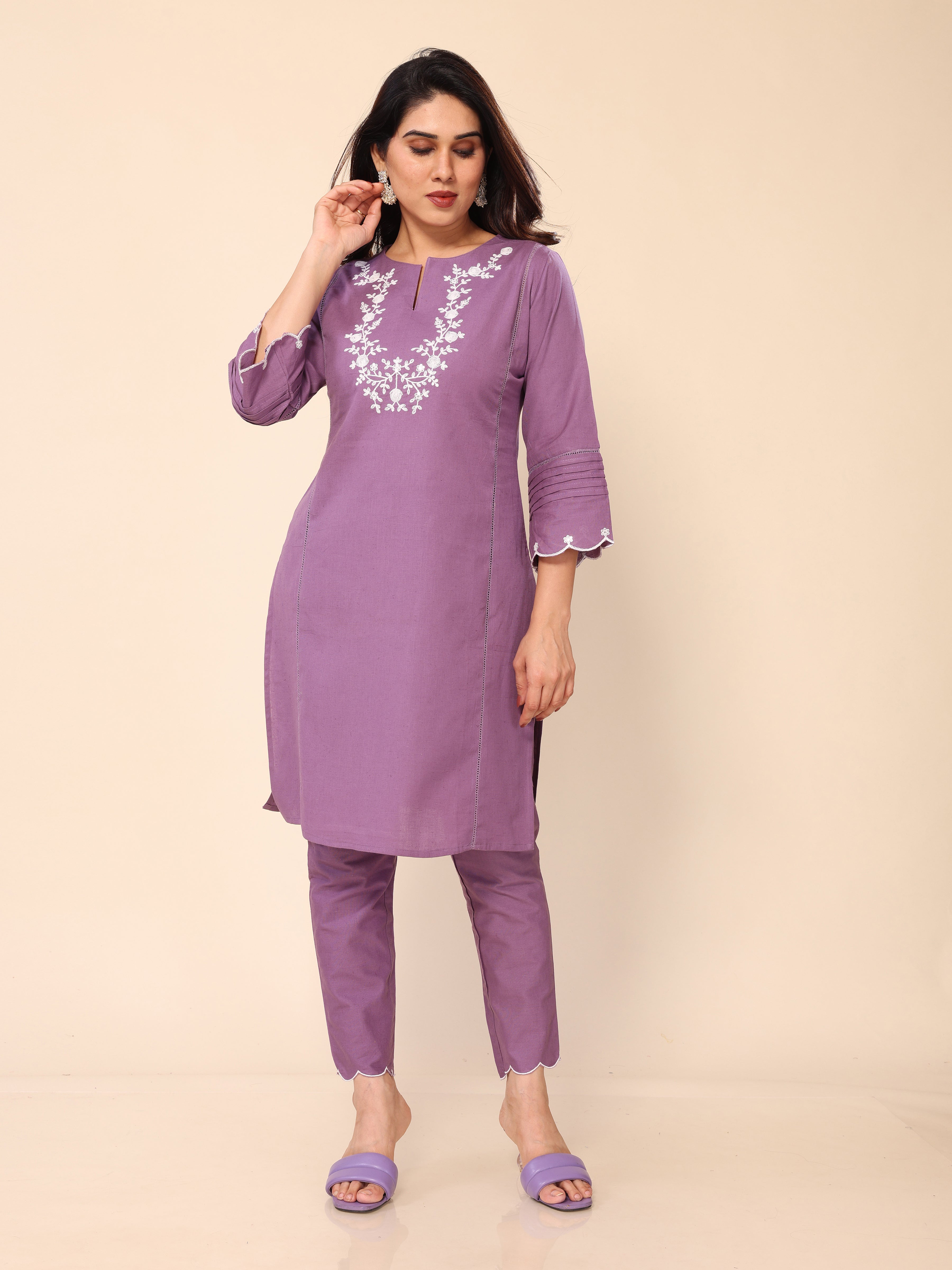 Purple Floral Embroidered Cotton Kurta with Pants