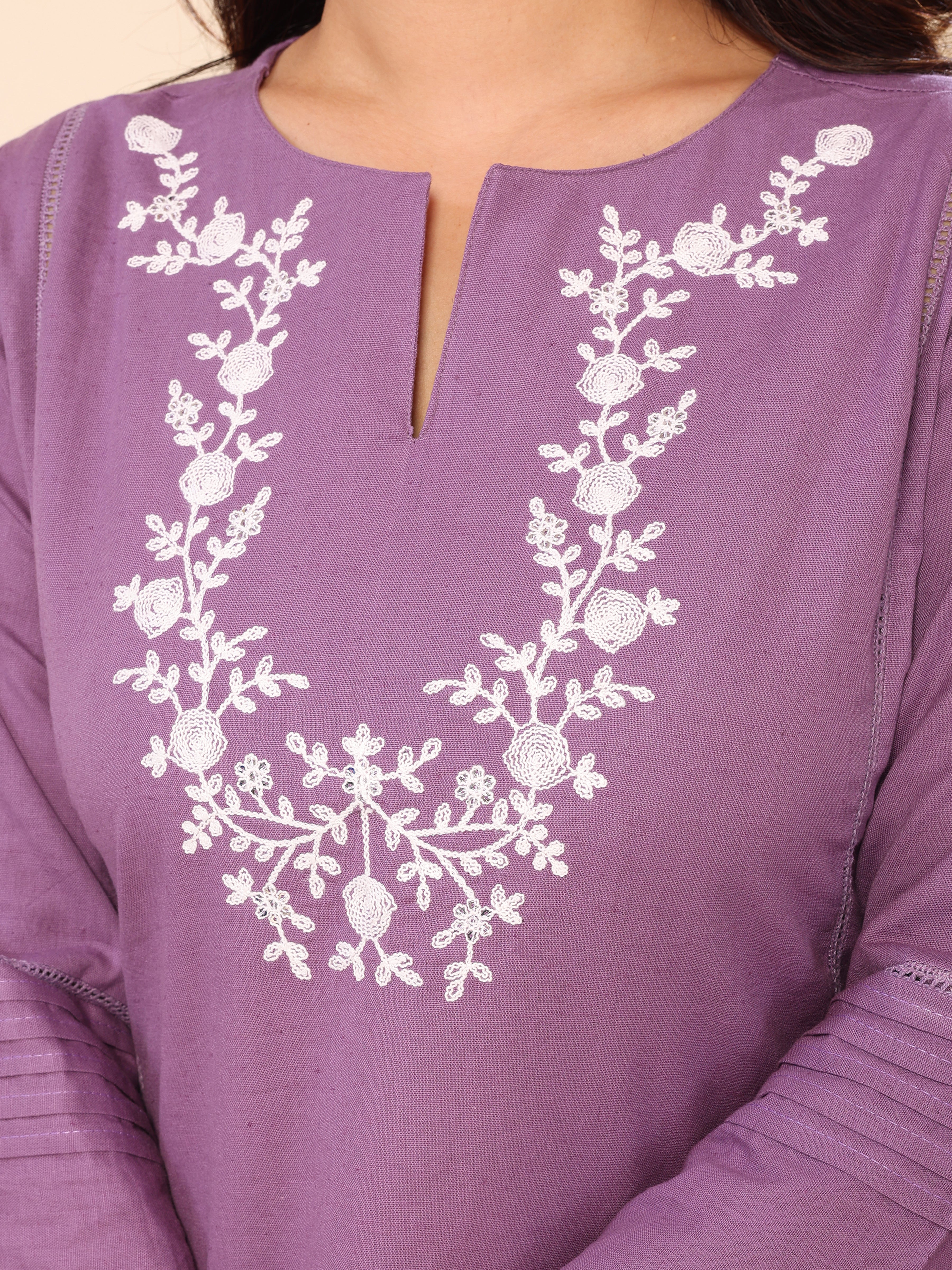 Purple Floral Embroidered Cotton Kurta with Pants