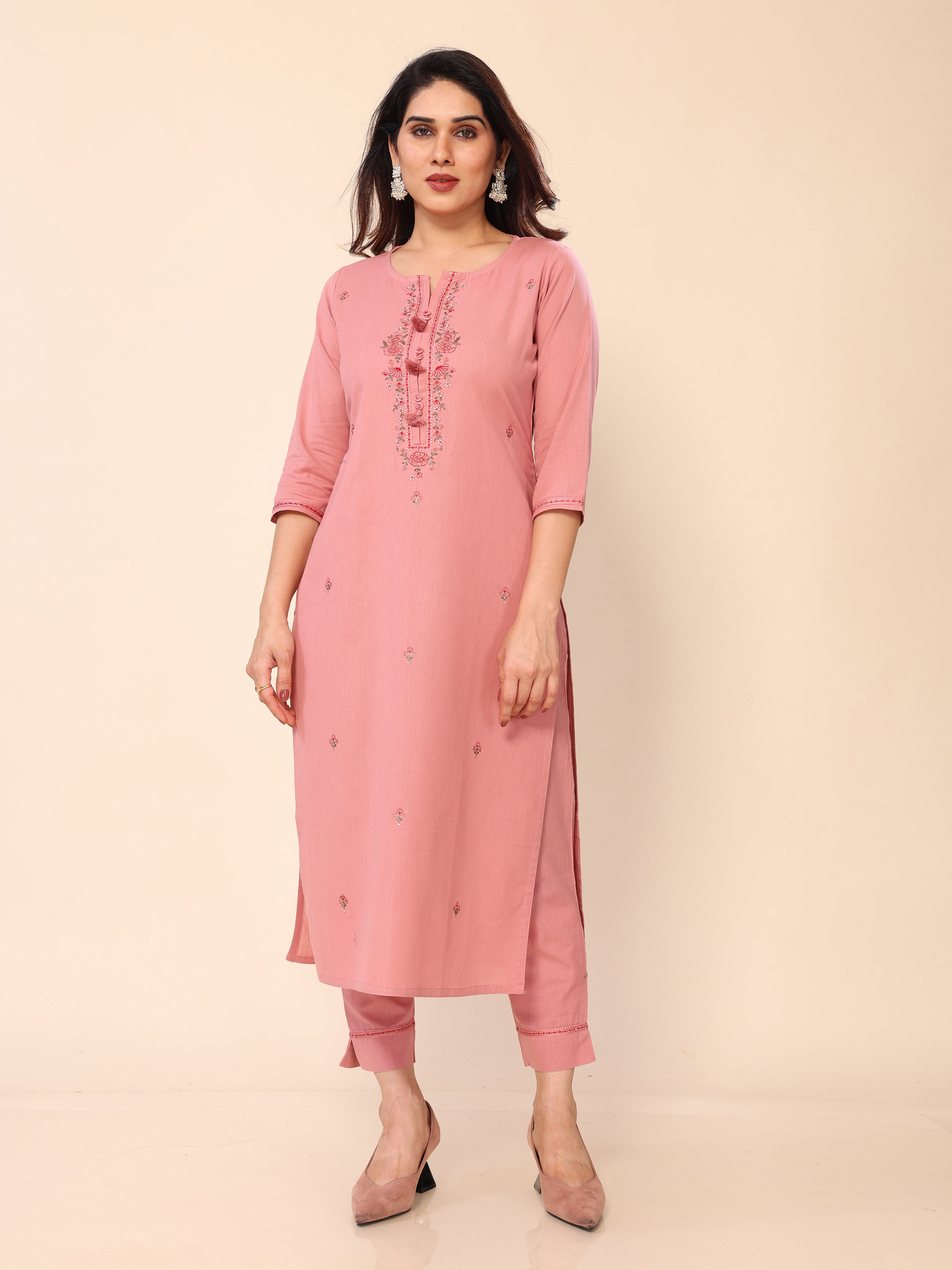 Pink Floral Embroidered Cotton Kurta with Trouser Pant