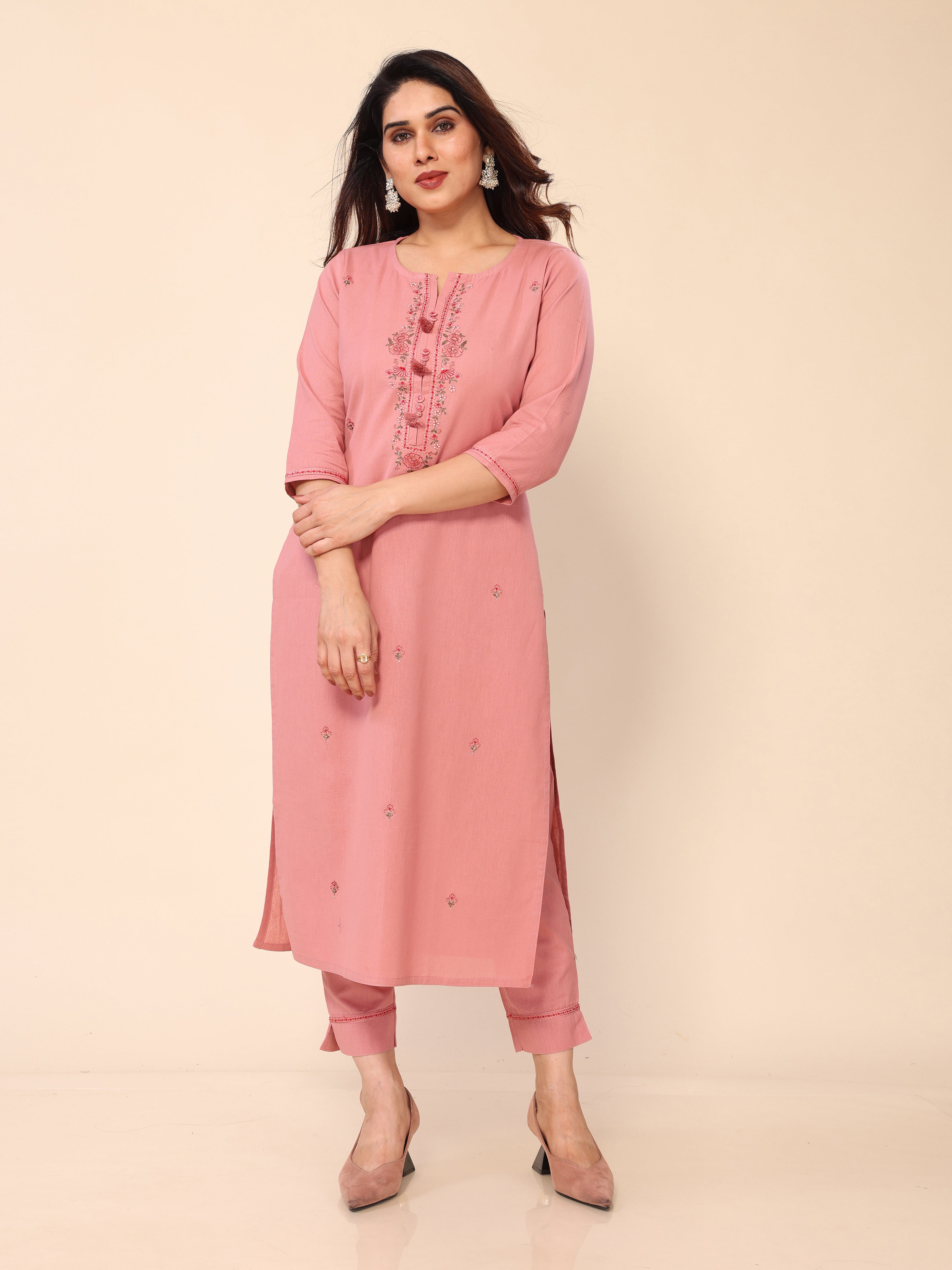Pink Floral Embroidered Cotton Kurta with Trouser Pant