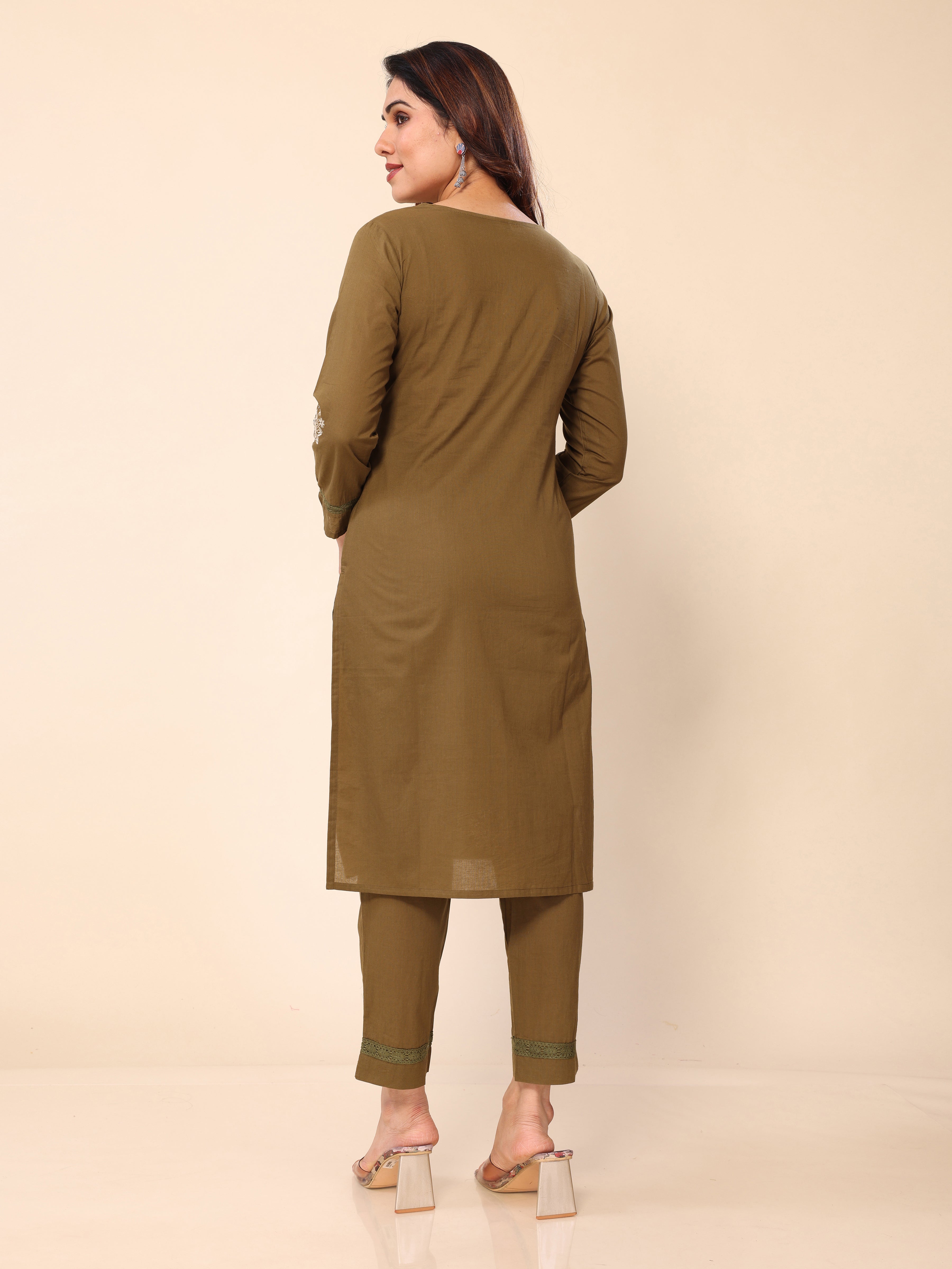 Mehendi Green Floral Embroidered Cotton Kurta with Trouser Pant