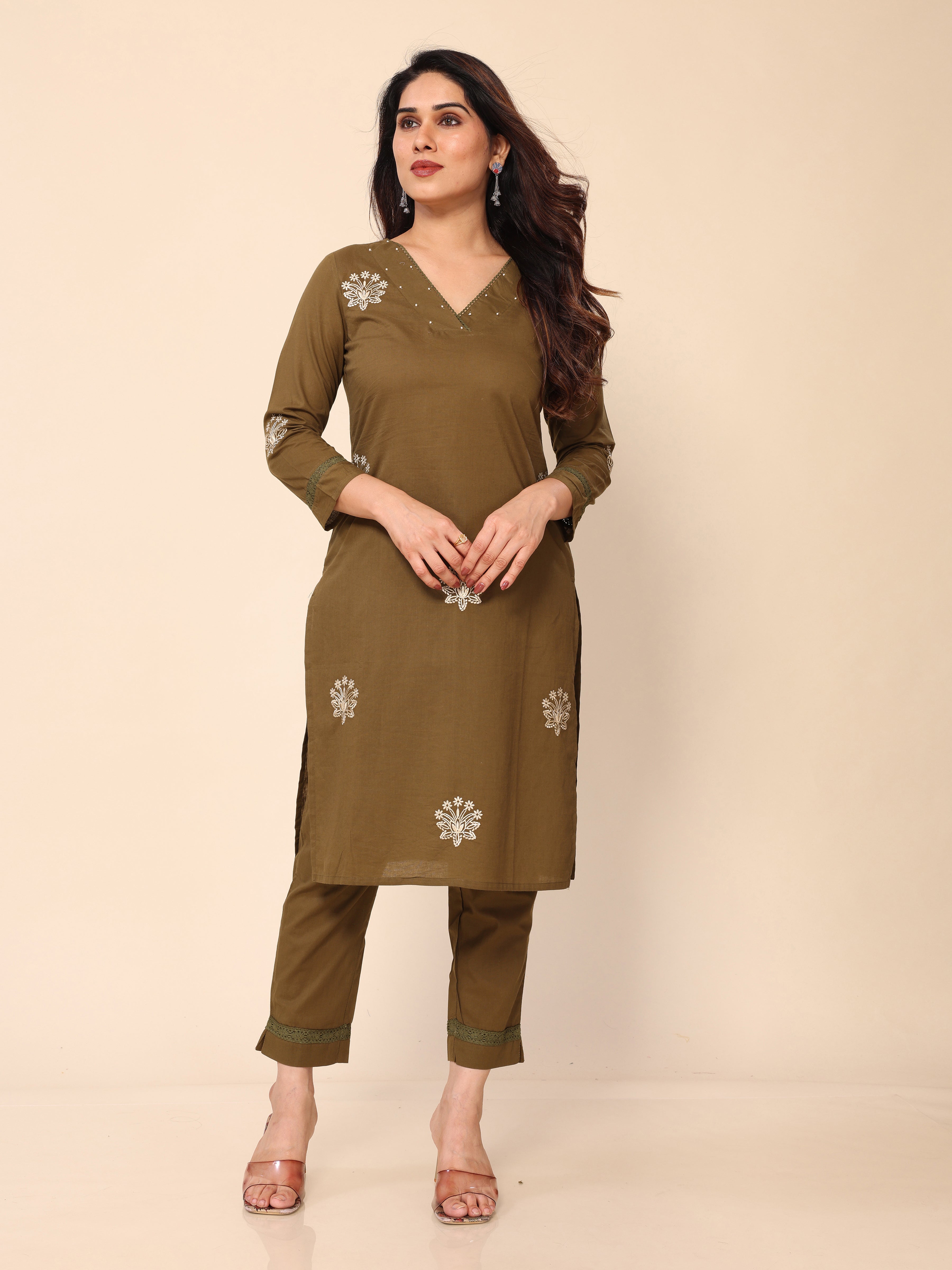 Mehendi Green Floral Embroidered Cotton Kurta with Trouser Pant