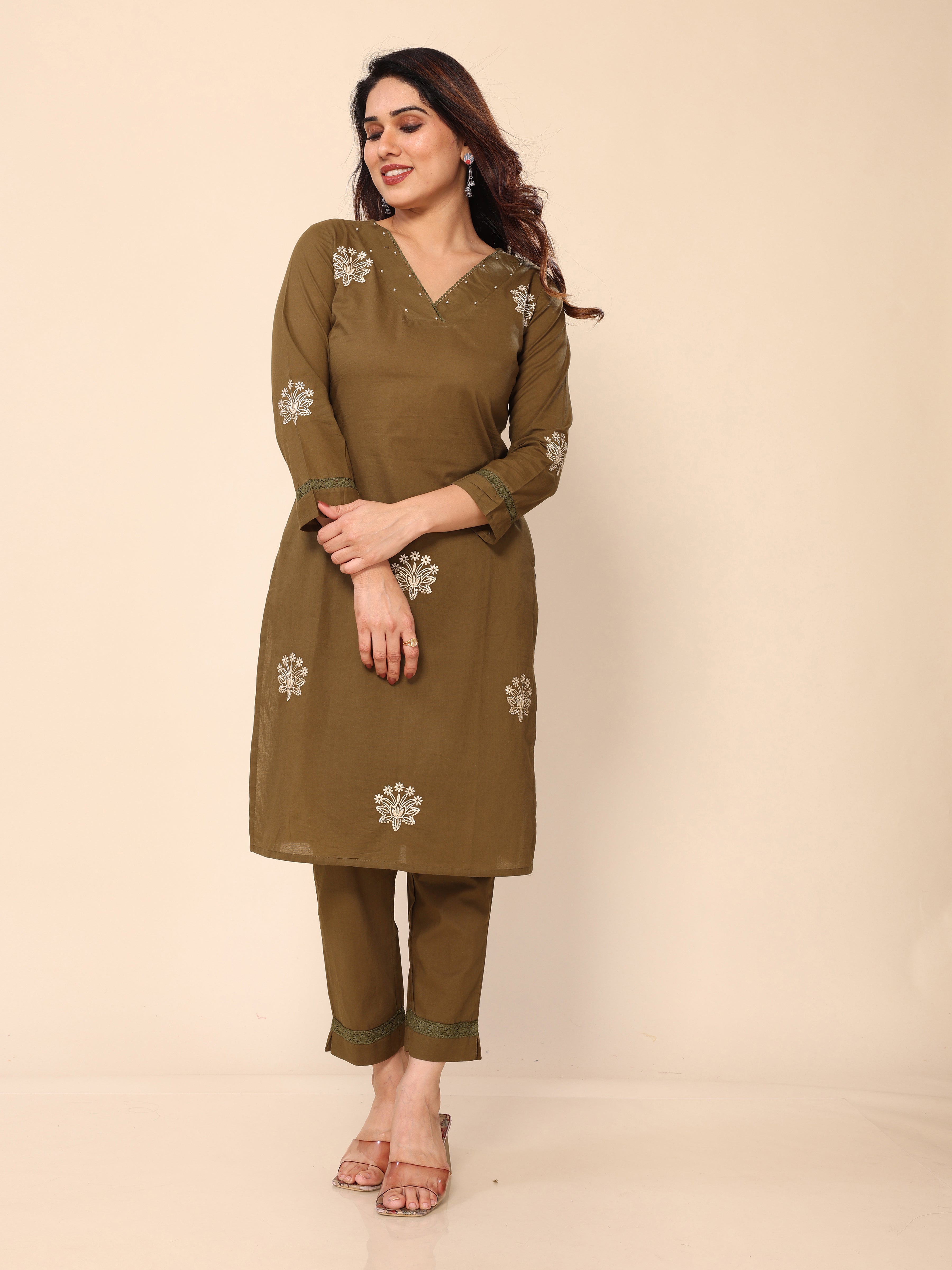 Mehendi Green Floral Embroidered Cotton Kurta with Trouser Pant