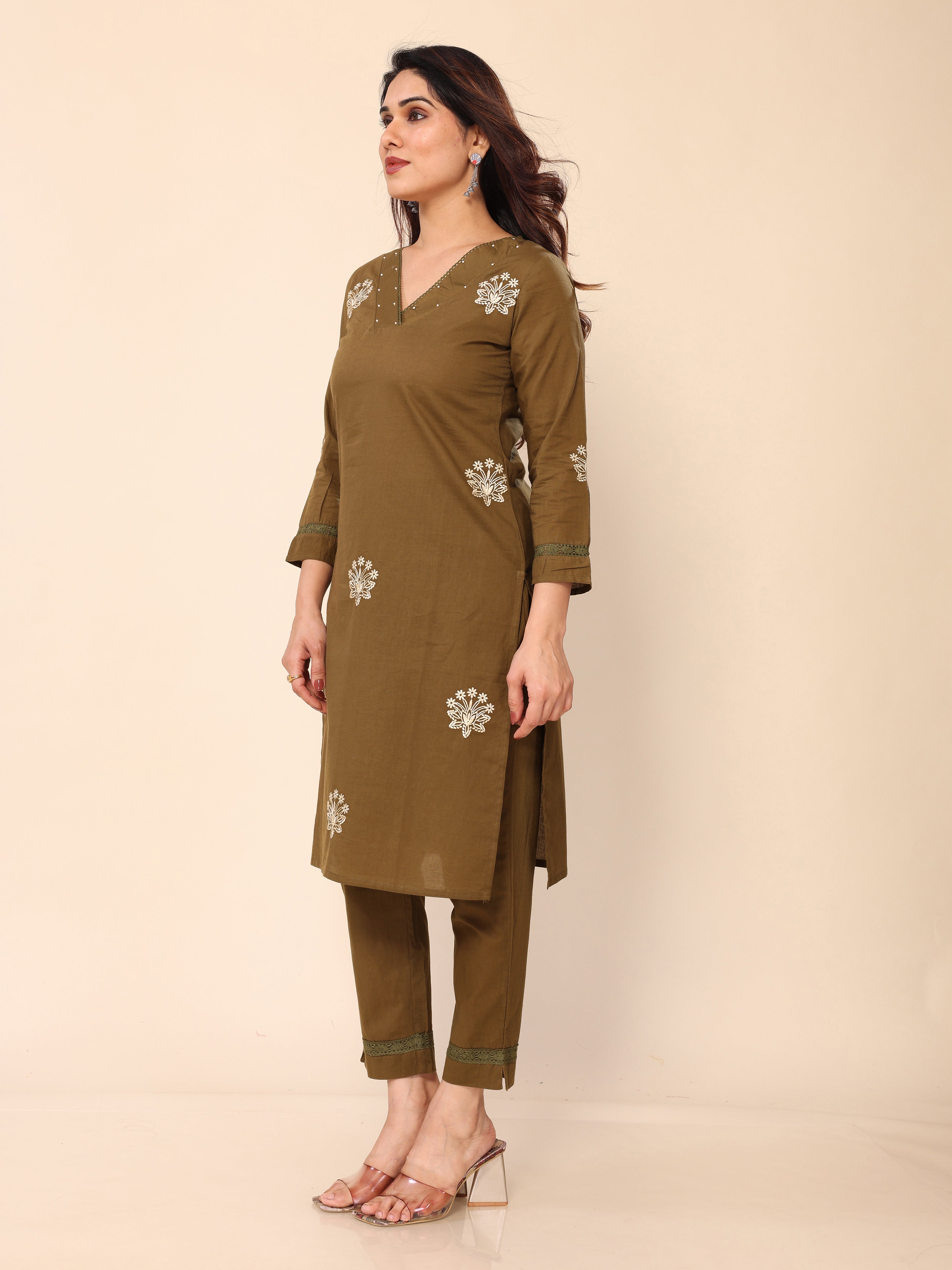 Mehendi Green Floral Embroidered Cotton Kurta with Trouser Pant