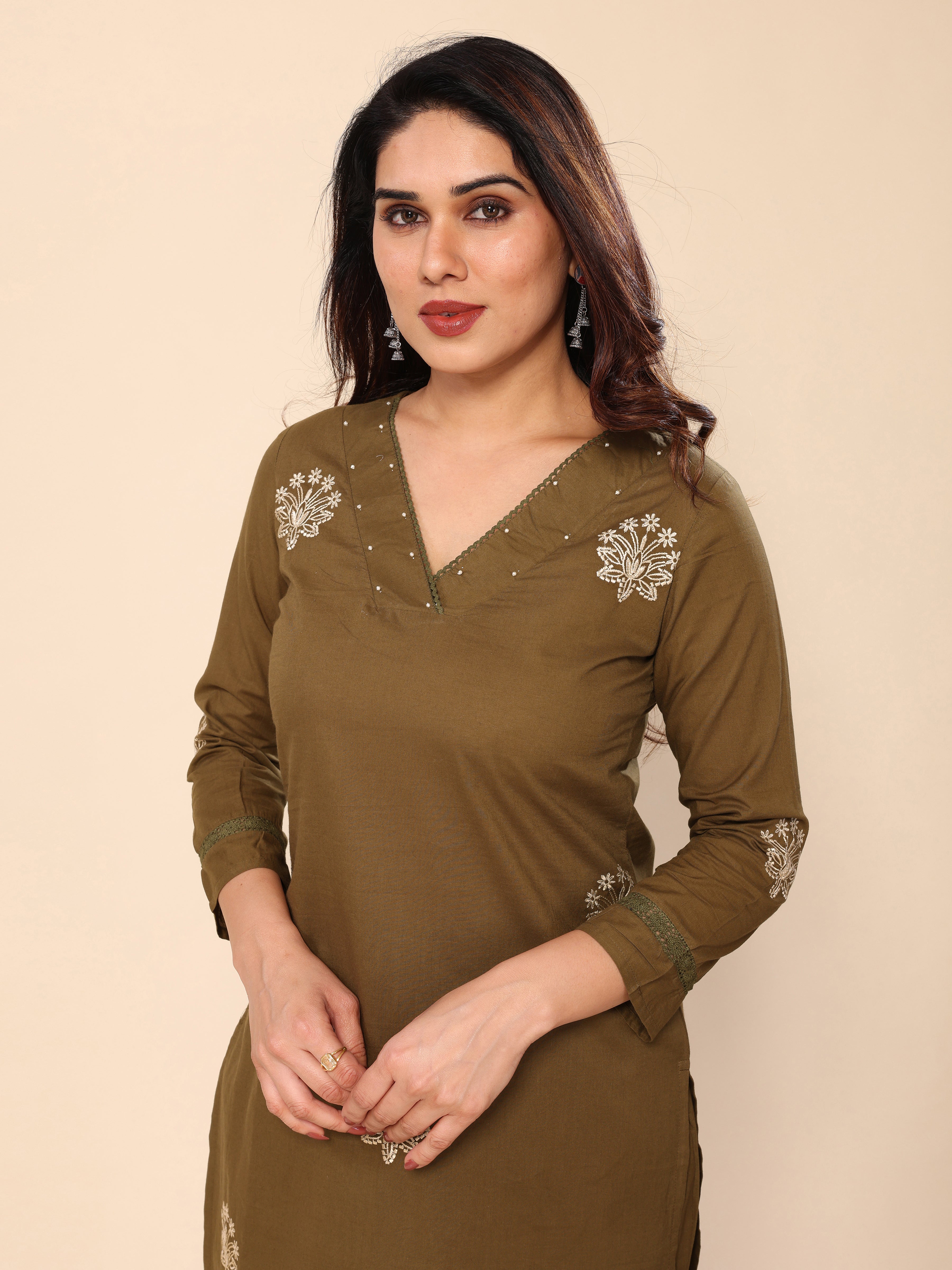 Mehendi Green Floral Embroidered Cotton Kurta with Trouser Pant