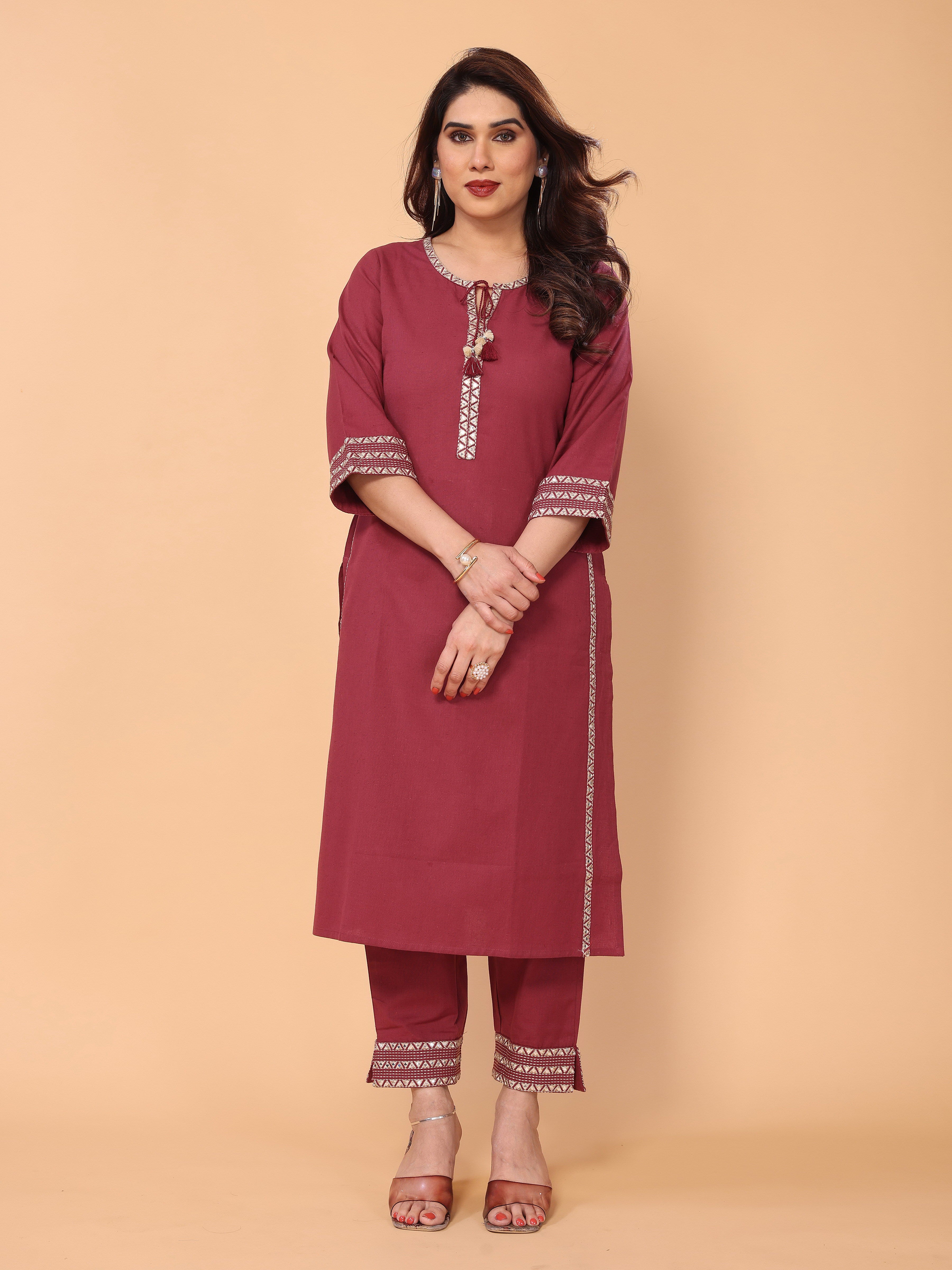 Stylish Mirror Embellished Pinkish-Red Cotton Kurta Pant Set for Women