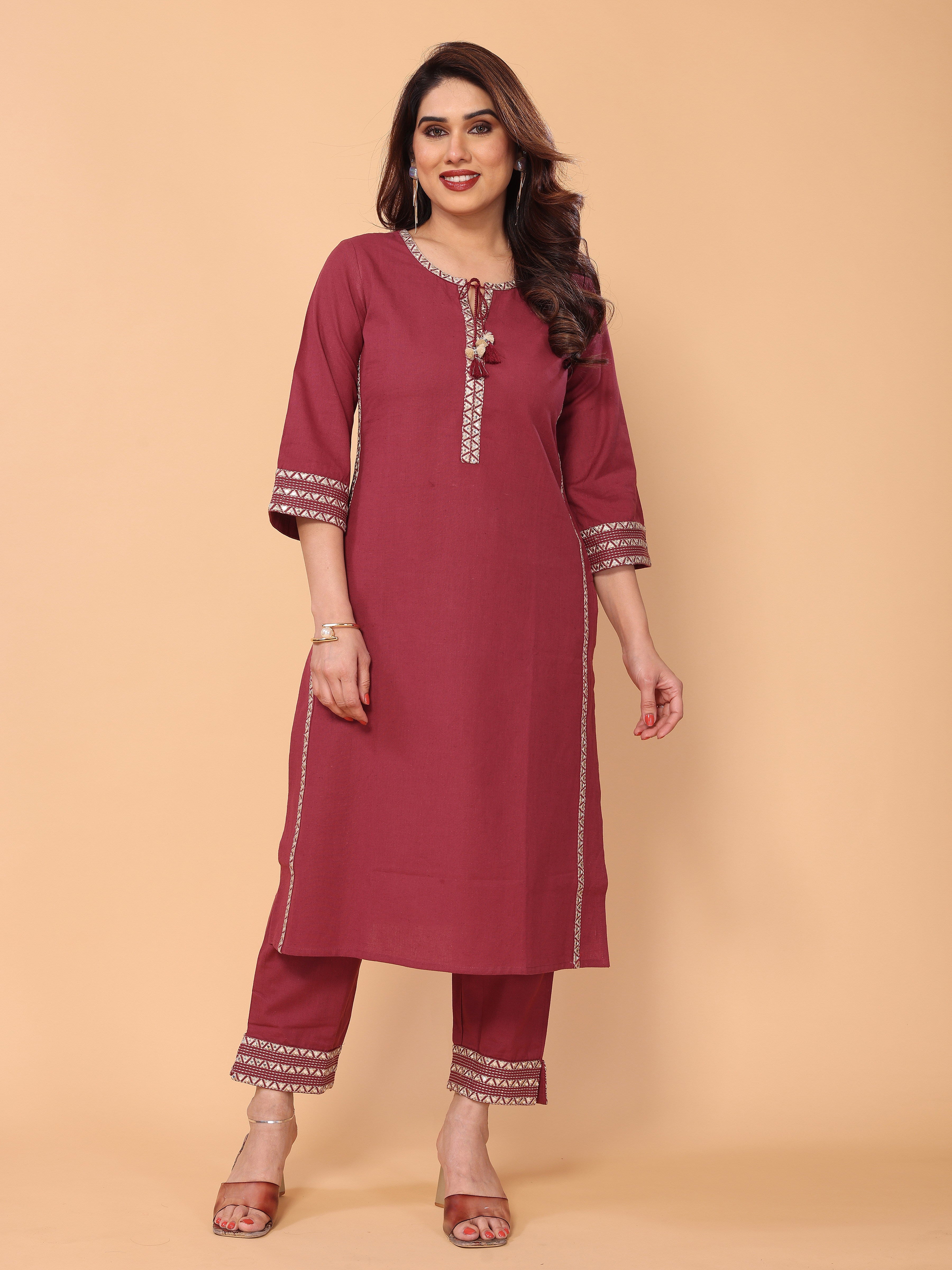 Stylish Mirror Embellished Pinkish-Red Cotton Kurta Pant Set for Women