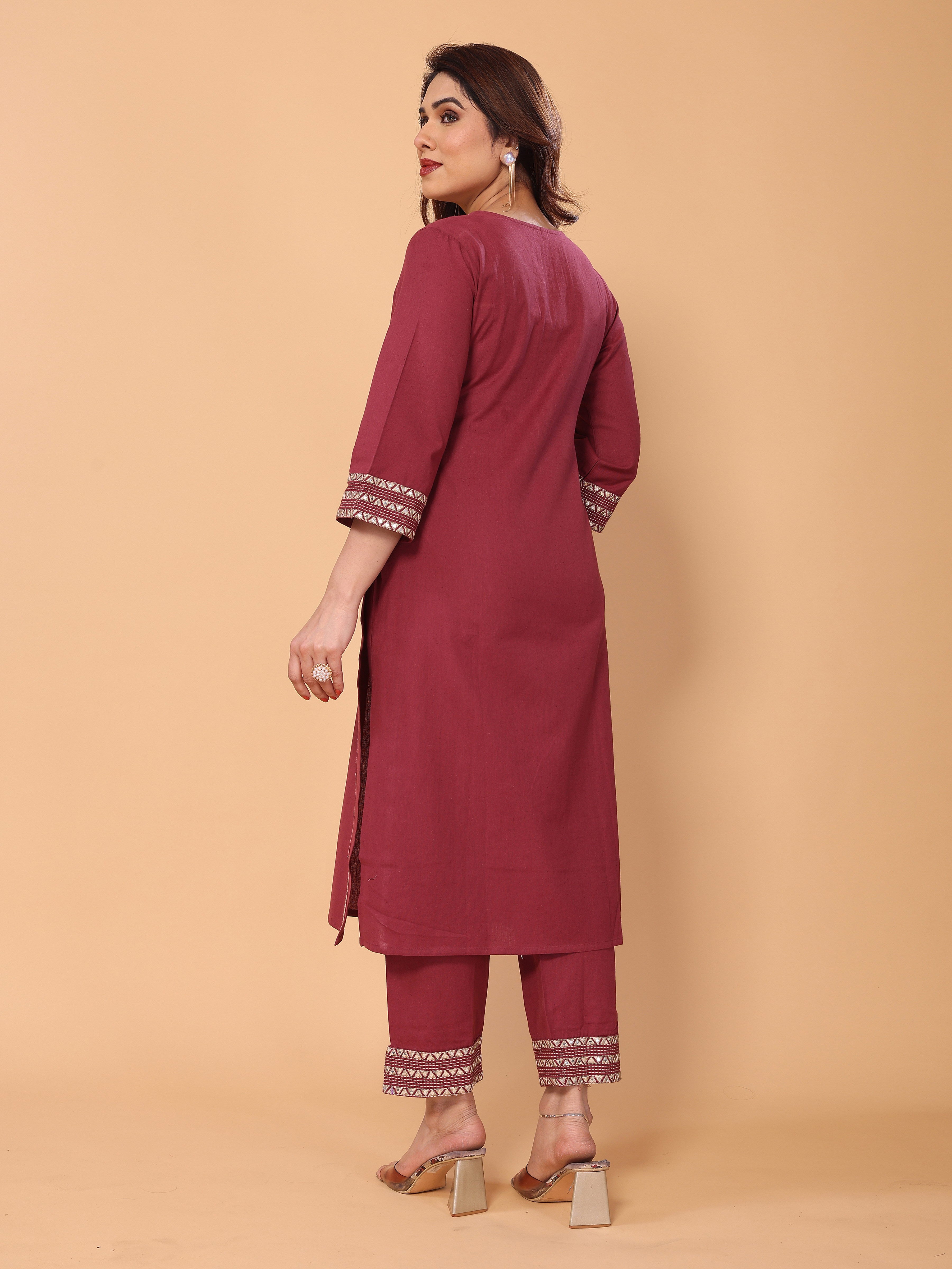 Stylish Mirror Embellished Pinkish-Red Cotton Kurta Pant Set for Women