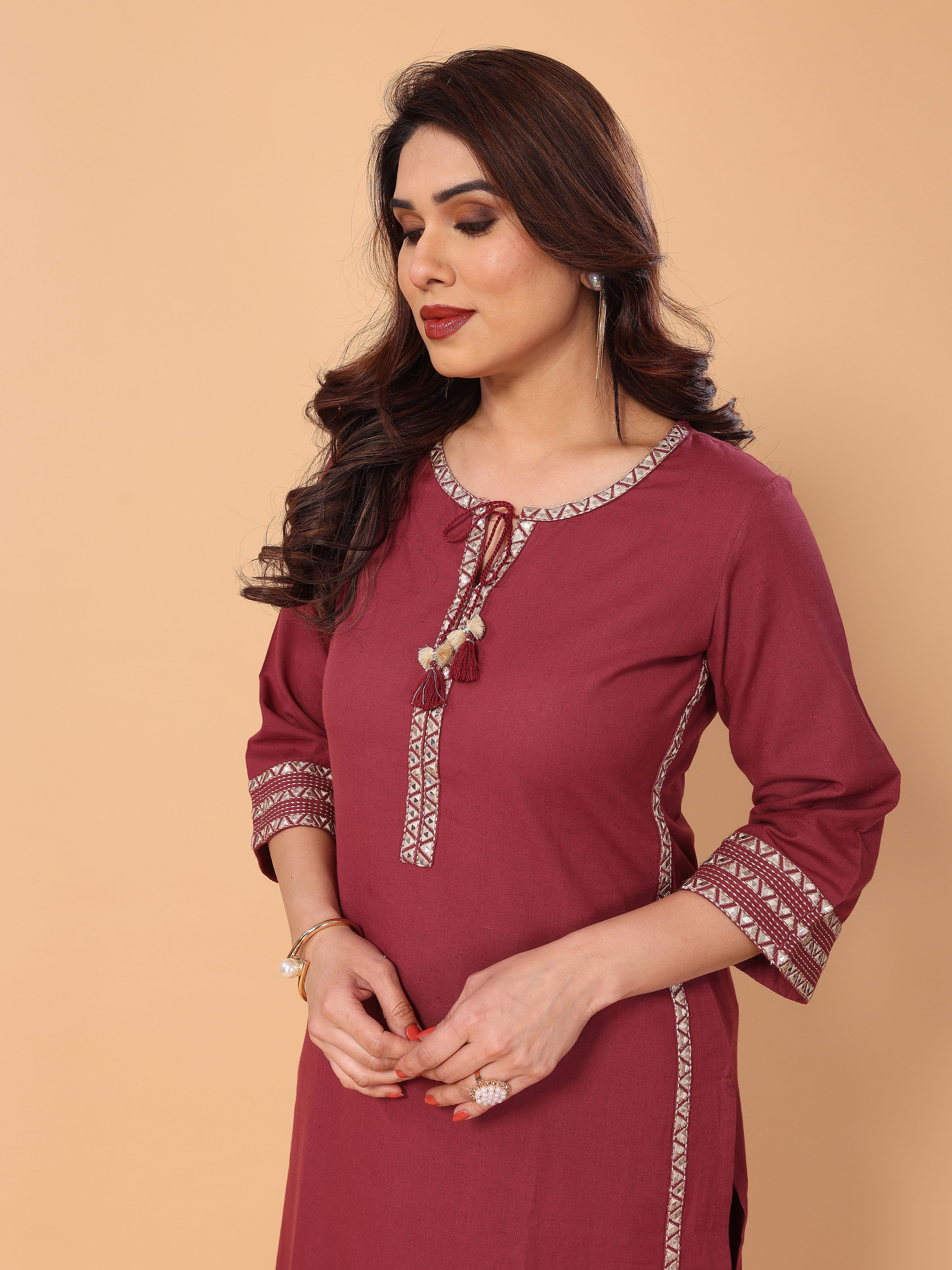Stylish Mirror Embellished Pinkish-Red Cotton Kurta Pant Set for Women