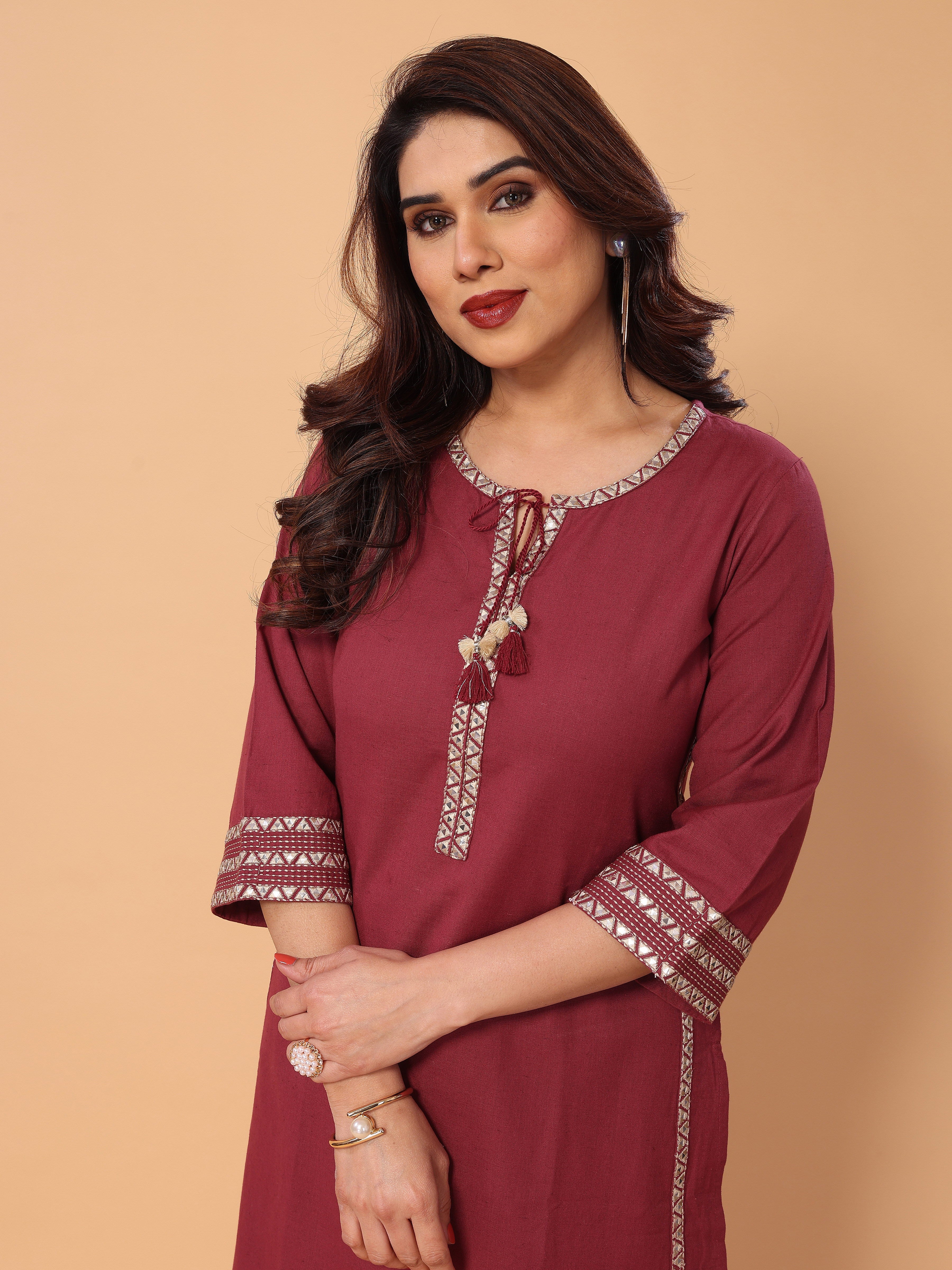 Stylish Mirror Embellished Pinkish-Red Cotton Kurta Pant Set for Women